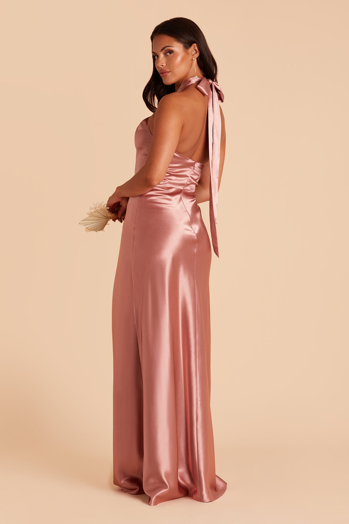Monica bridesmaid dress with slit in desert rose satin by Birdy Grey, side view