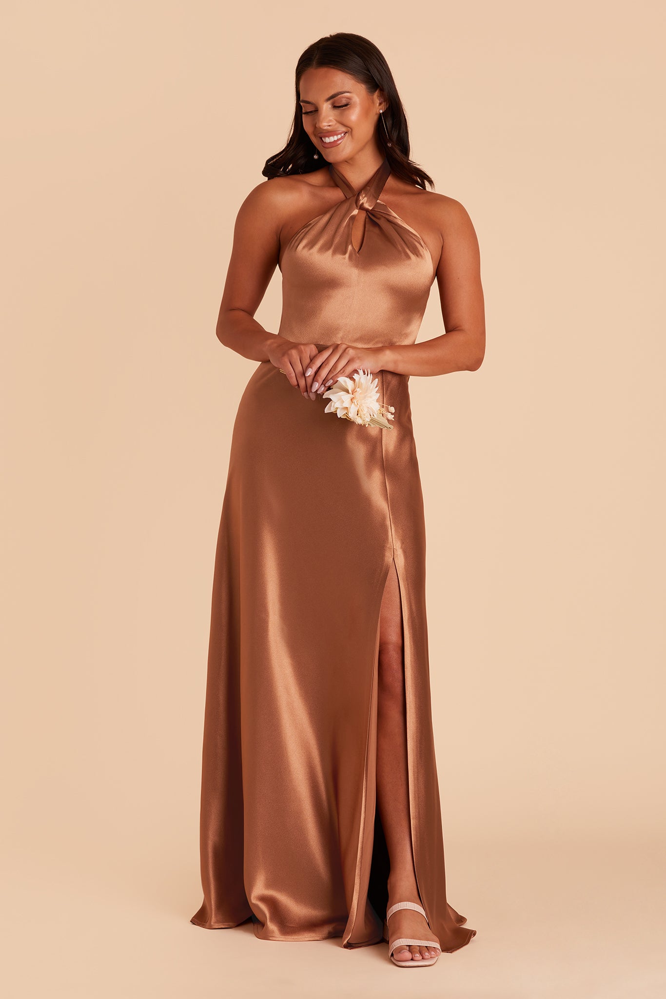 Monica bridesmaid dress with slit in rust satin by Birdy Grey, front view