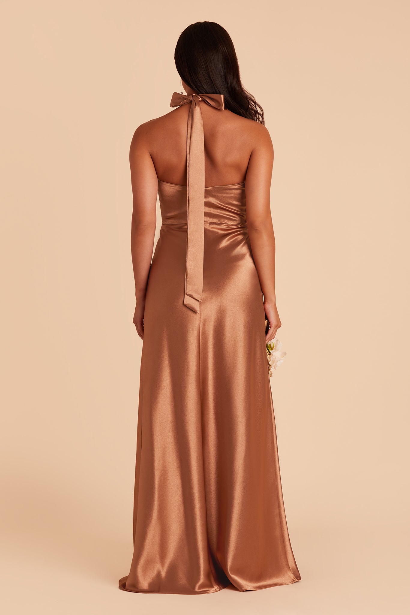Monica bridesmaid dress with slit in rust satin by Birdy Grey, back view