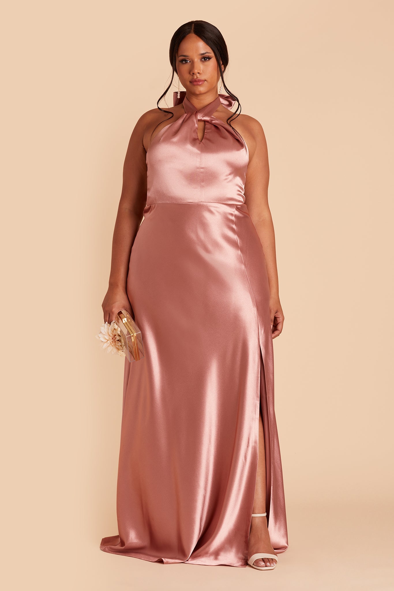 Monica plus size bridesmaid dress with slit in desert rose satin by Birdy Grey, front view