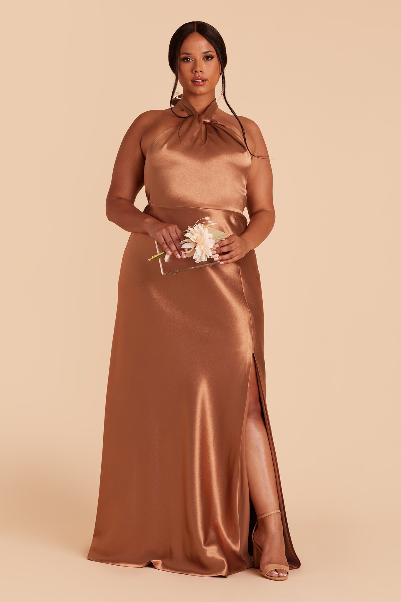 Monica Shiny Satin Dress - Rust