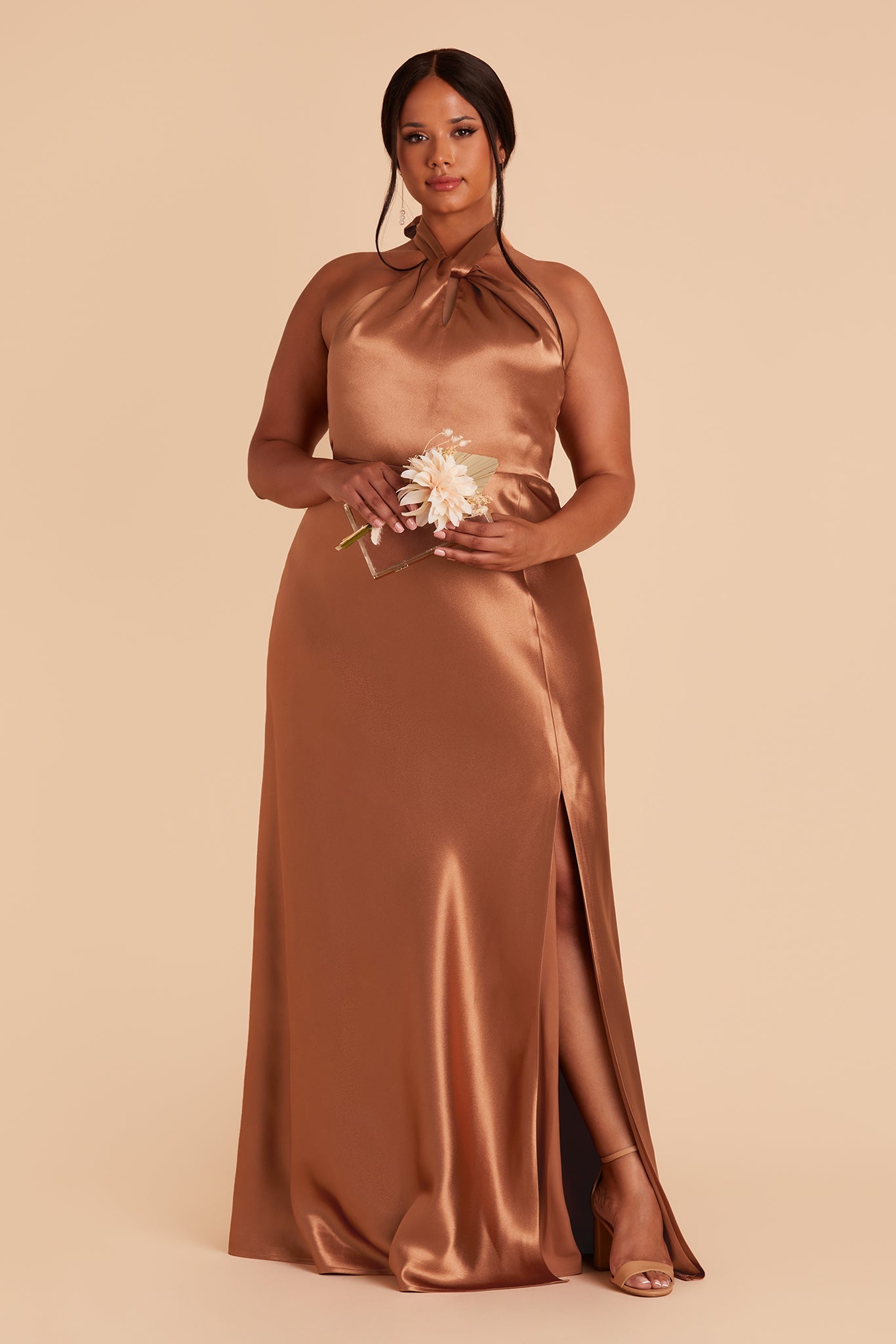 Monica plus size bridesmaid dress with slit in rust satin by Birdy Grey, front view