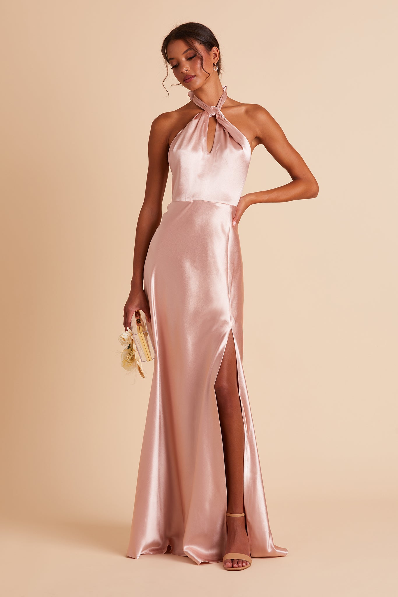 Monica bridesmaid dress with slit in rose gold satin by Birdy Grey, front view
