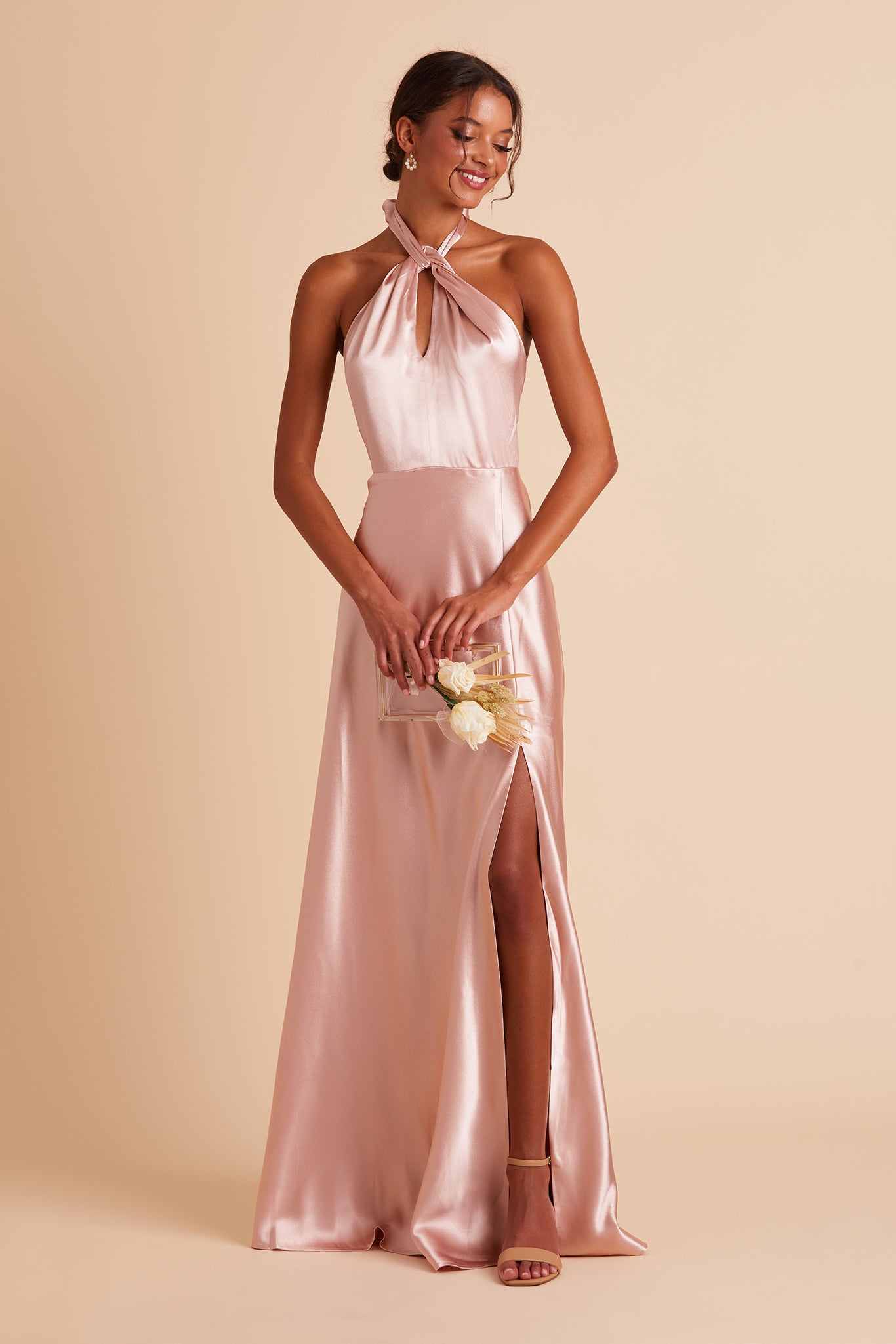Monica bridesmaid dress with slit in rose gold satin by Birdy Grey, front view