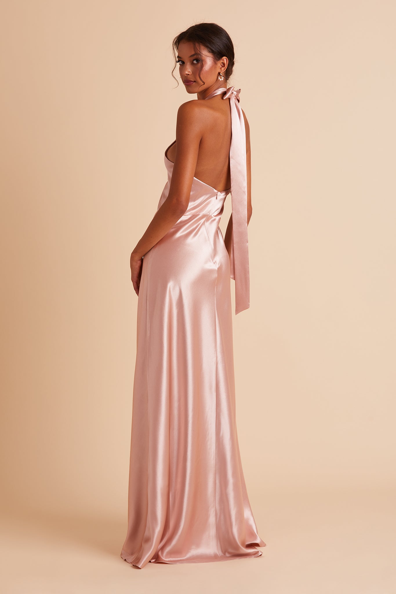 Monica bridesmaid dress with slit in rose gold satin by Birdy Grey, back view