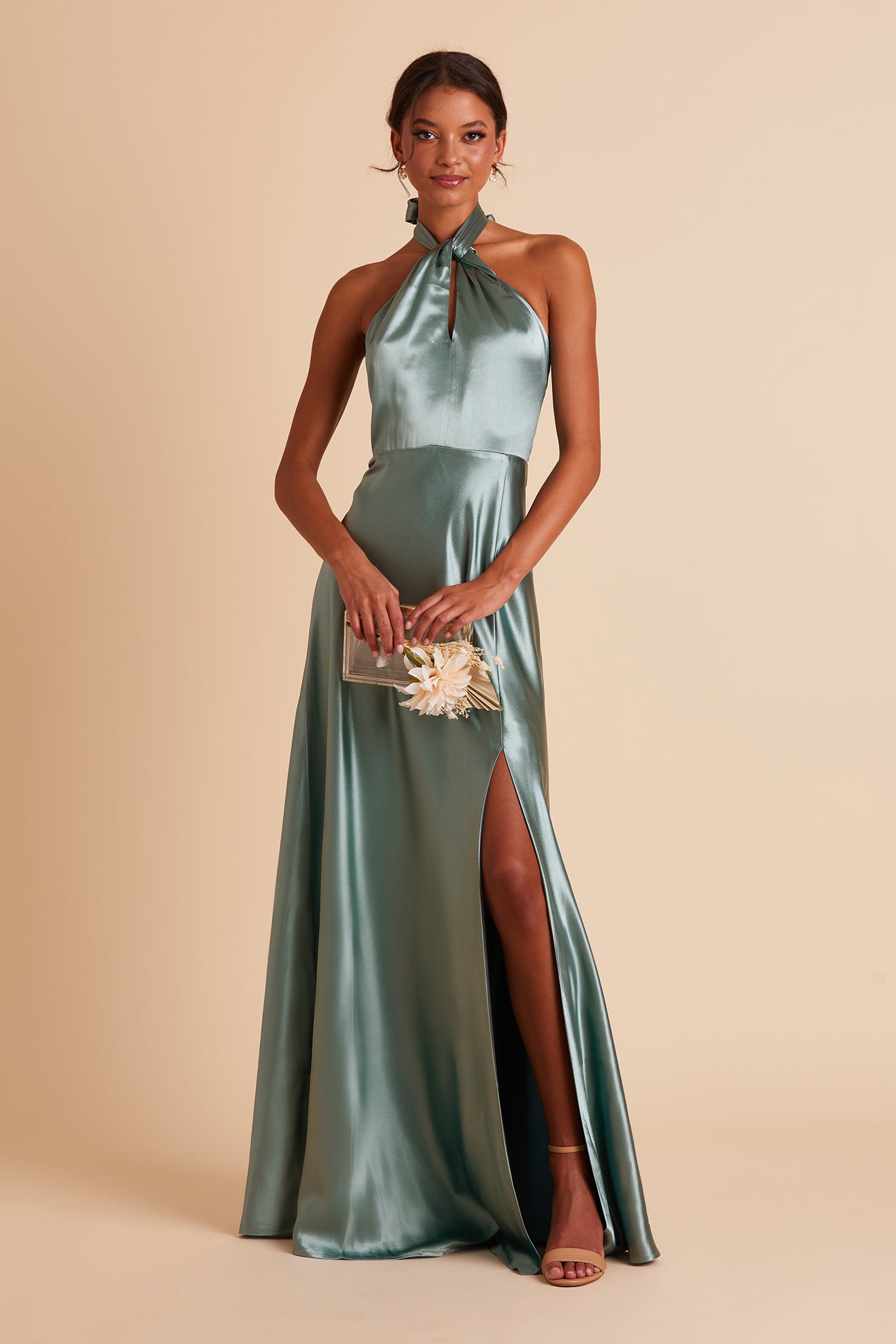 Monica bridesmaid dress with slit in sea glass green satin by Birdy Grey, front view