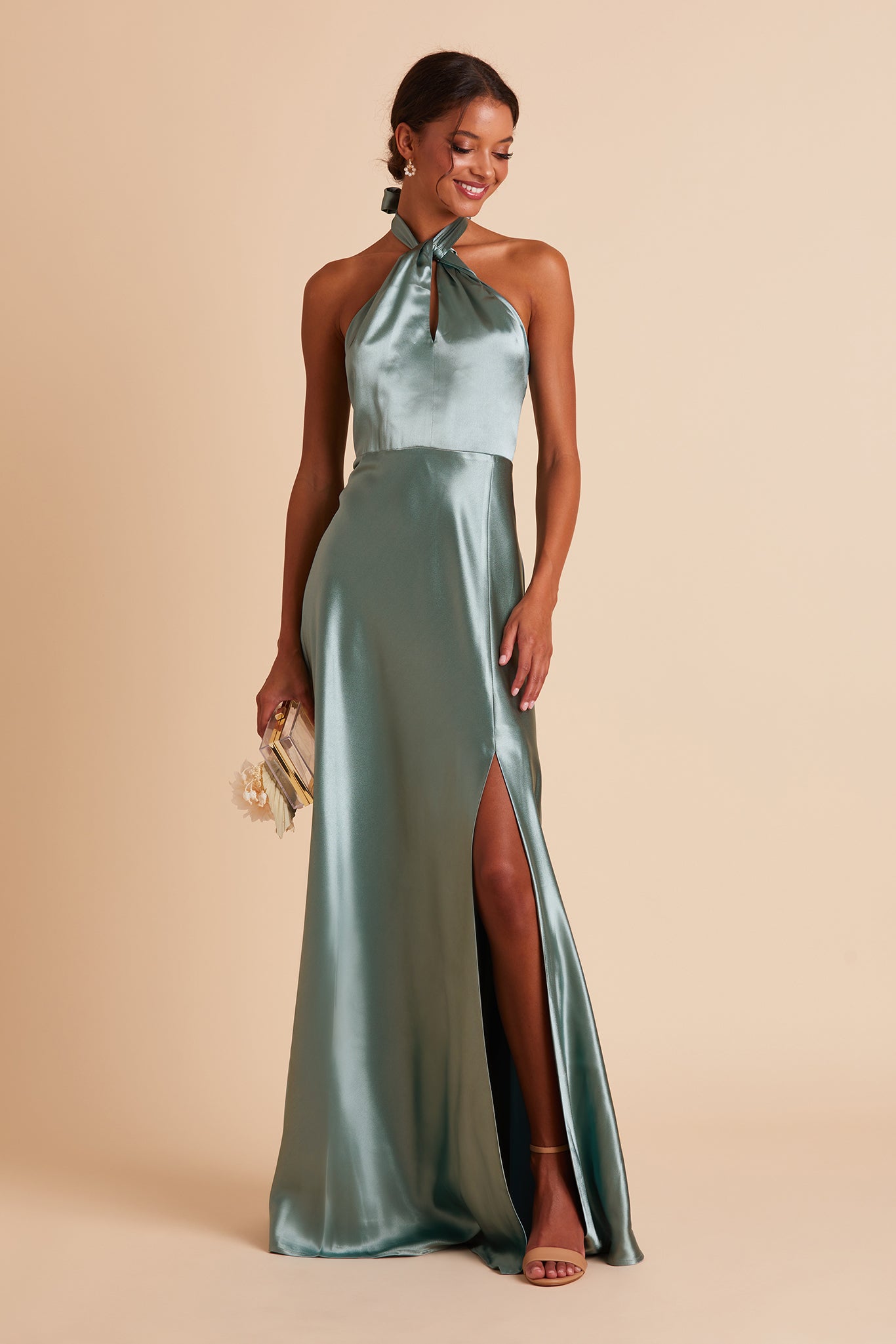 Monica bridesmaid dress with slit in sea glass green satin by Birdy Grey, front view