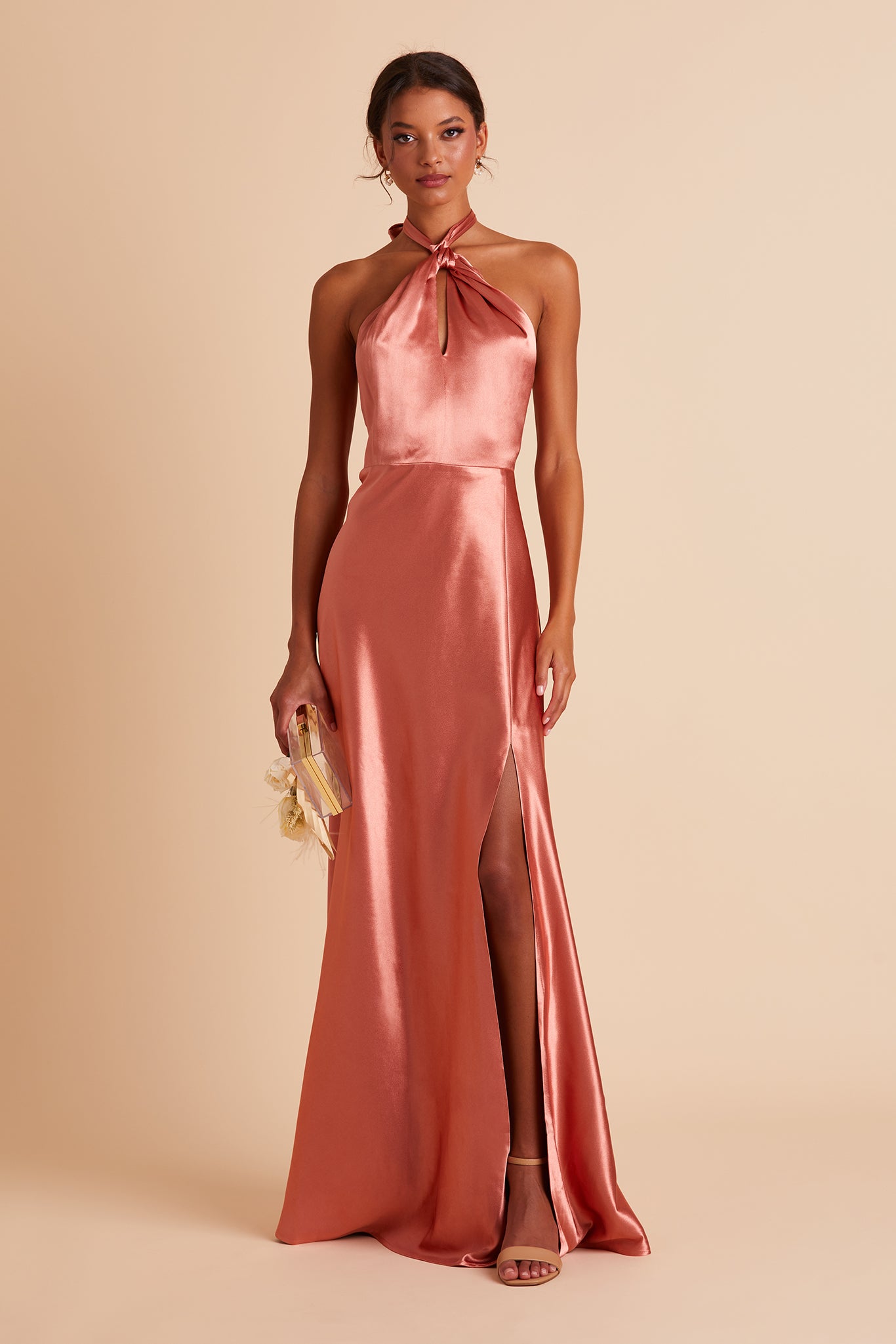 Monica bridesmaid dress with slit in terracotta satin by Birdy Grey, front view