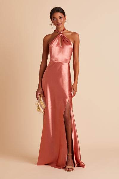 Monica bridesmaid dress with slit in terracotta satin by Birdy Grey, front view
