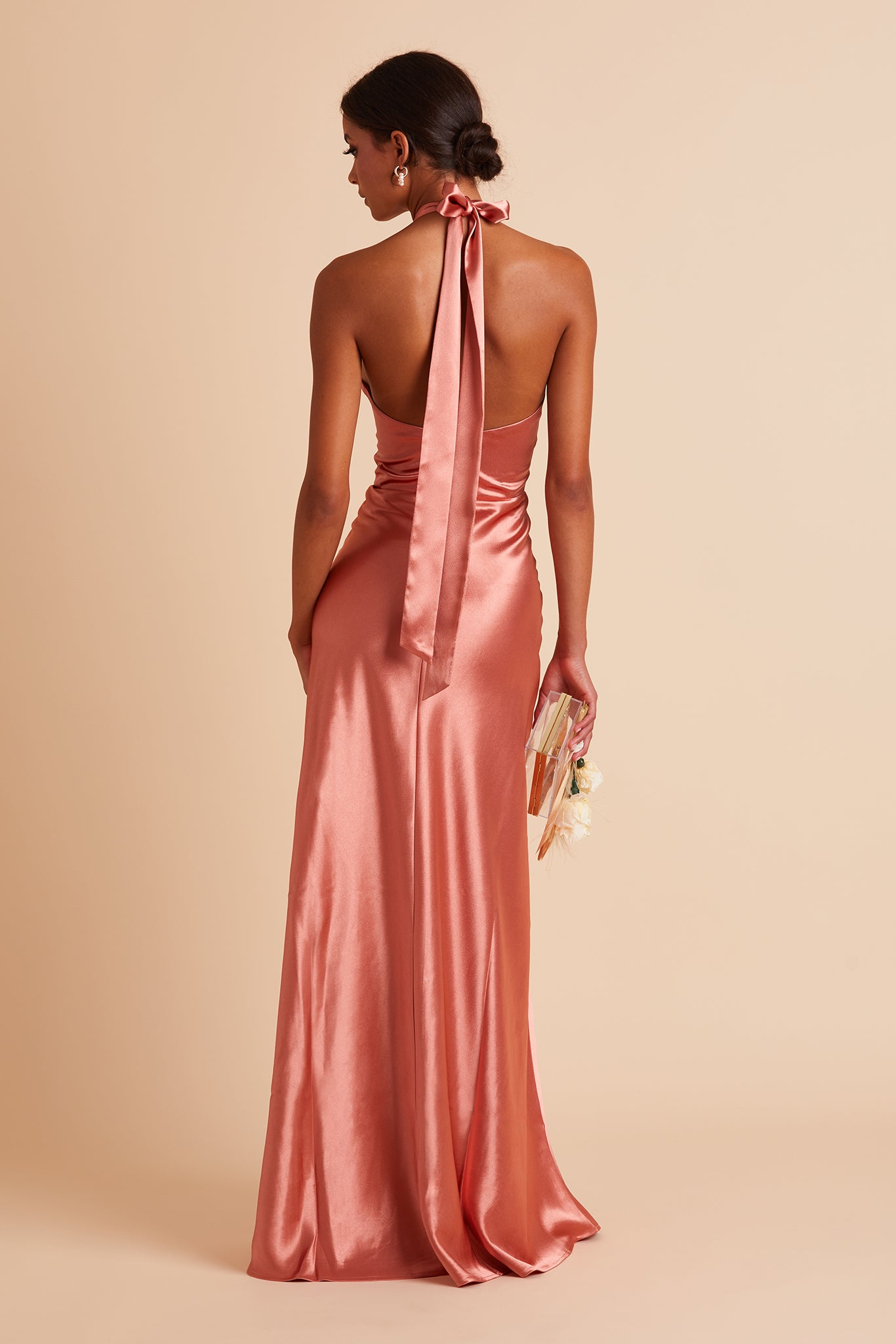 Monica bridesmaid dress with slit in terracotta satin by Birdy Grey, back view