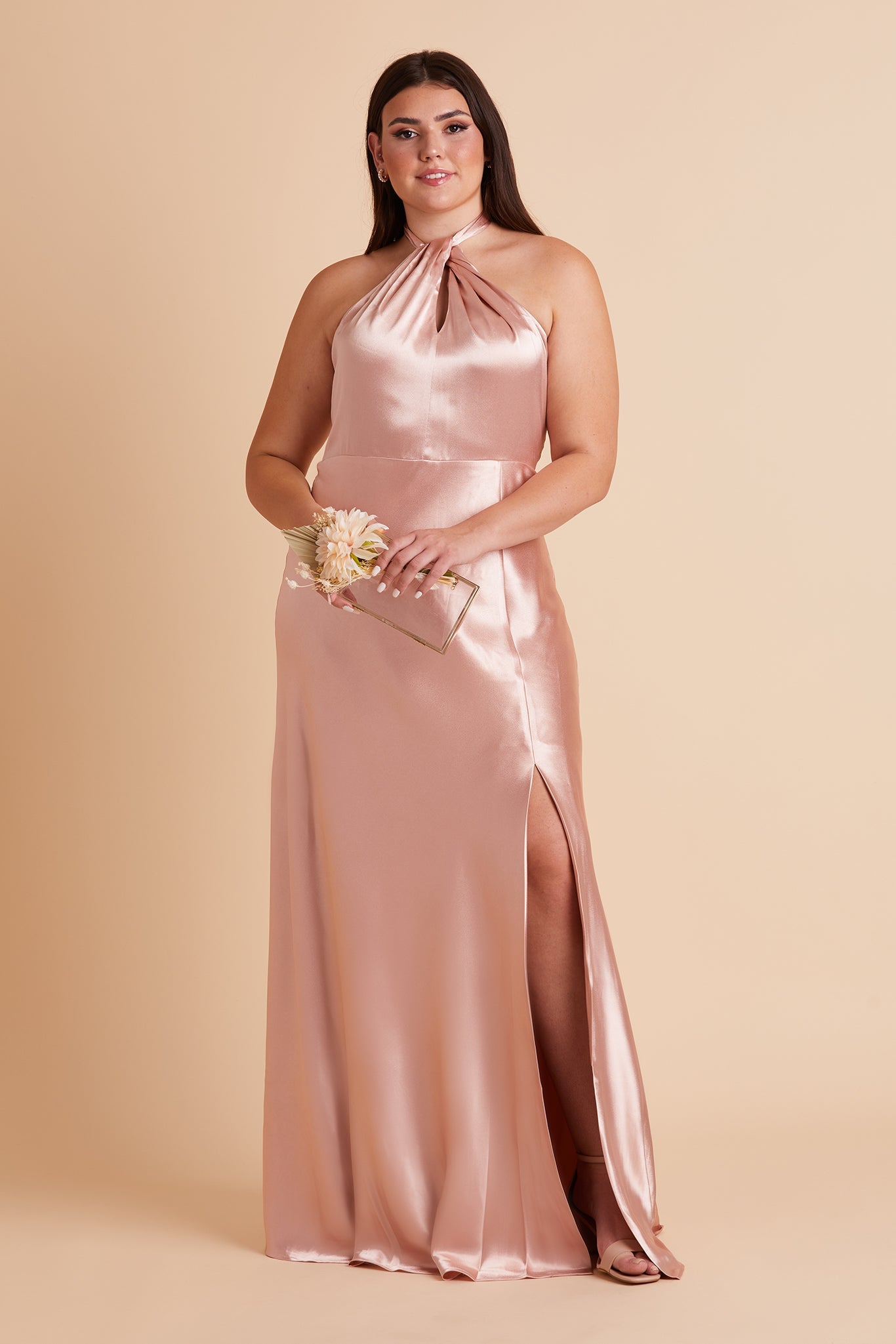 Monica plus size bridesmaid dress with slit in rose gold satin by Birdy Grey, front view