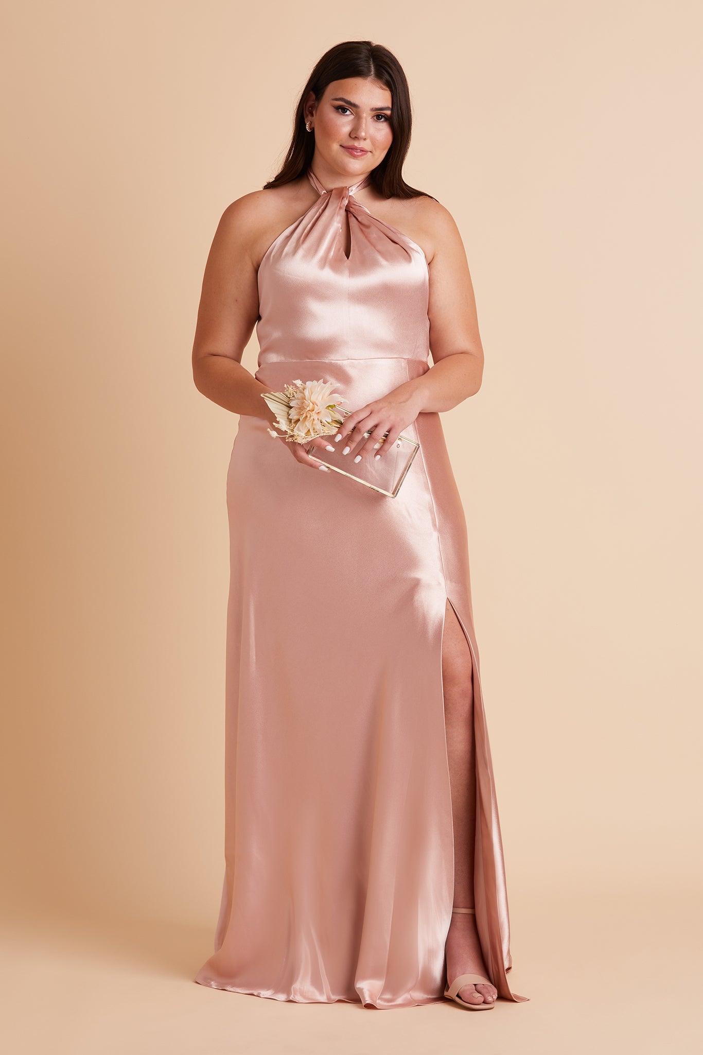 Monica plus size bridesmaid dress with slit in rose gold satin by Birdy Grey, front view