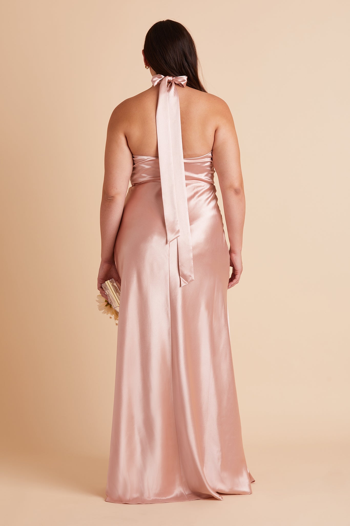 Monica plus size bridesmaid dress with slit in rose gold satin by Birdy Grey, back view