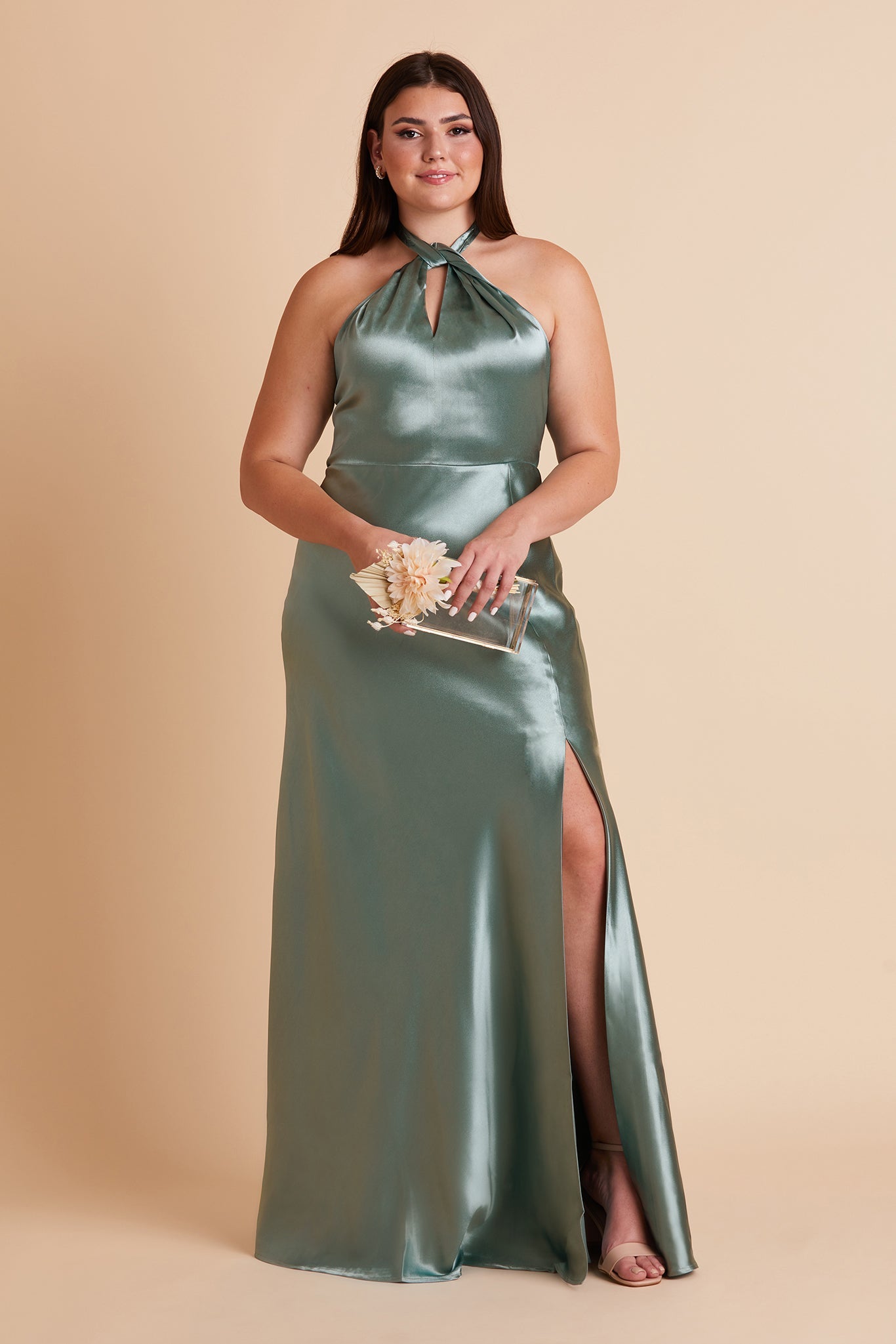 Monica plus size bridesmaid dress with slit in sea glass satin by Birdy Grey, front view