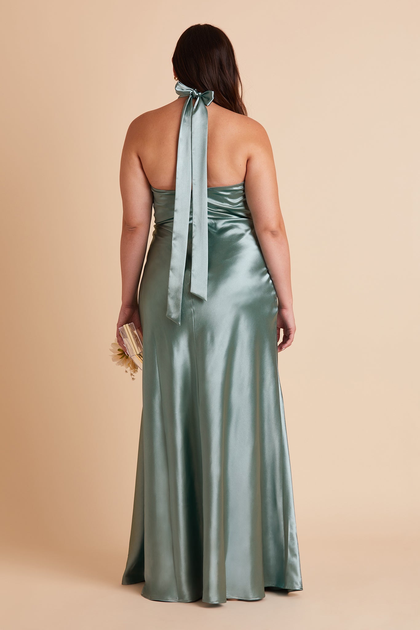 Monica plus size bridesmaid dress with slit in sea glass satin by Birdy Grey, back view