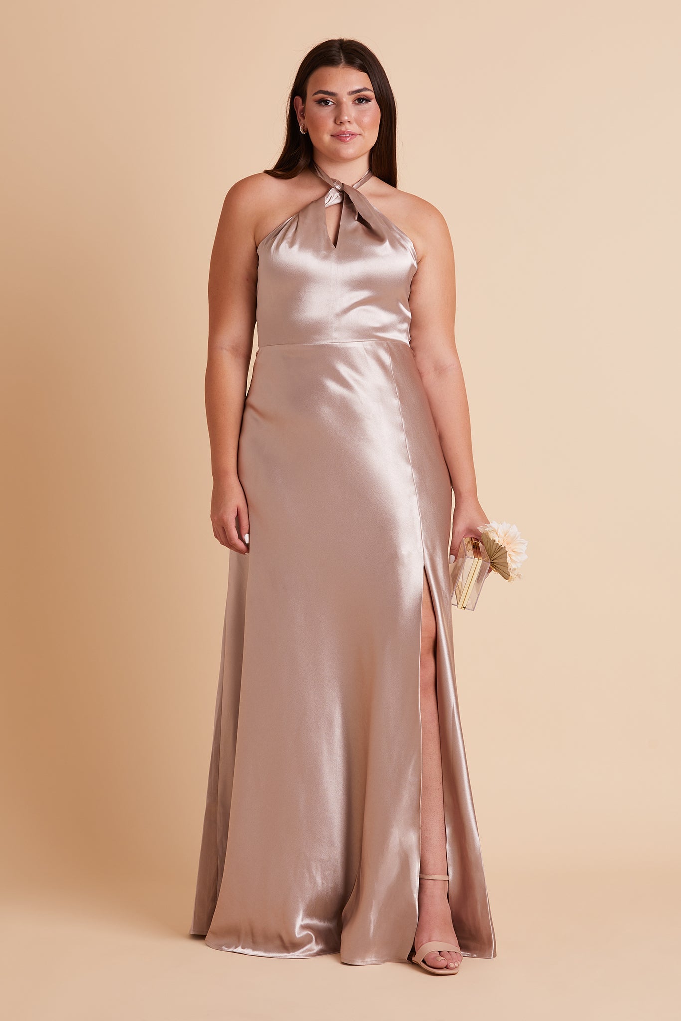 Taupe Monica Satin Dress by Birdy Grey