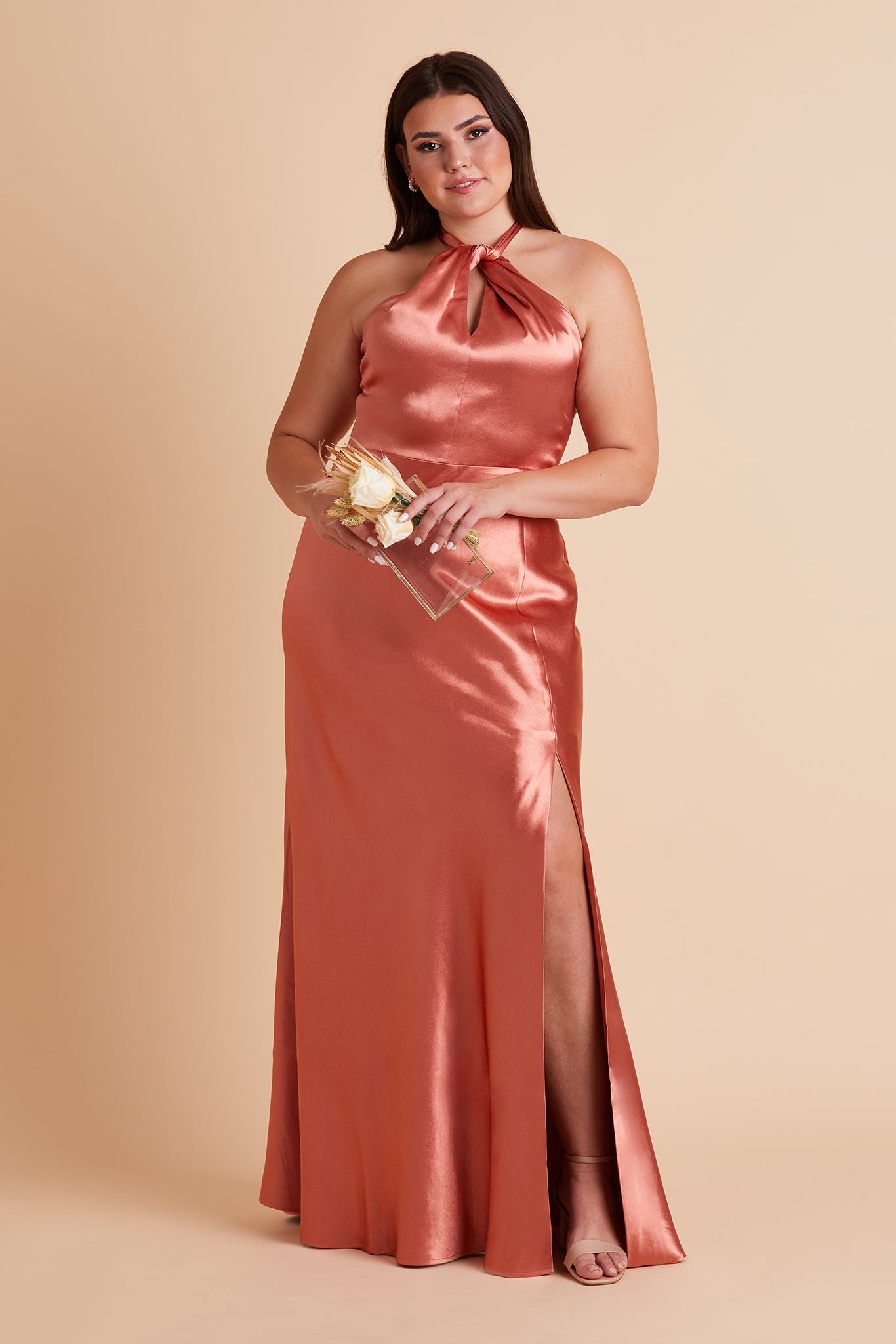Monica plus size bridesmaid dress with slit in terracotta satin by Birdy Grey, front view