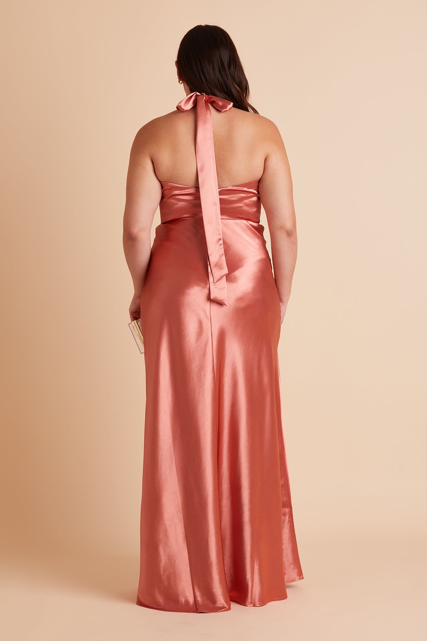 Monica plus size bridesmaid dress with slit in terracotta satin by Birdy Grey, back view