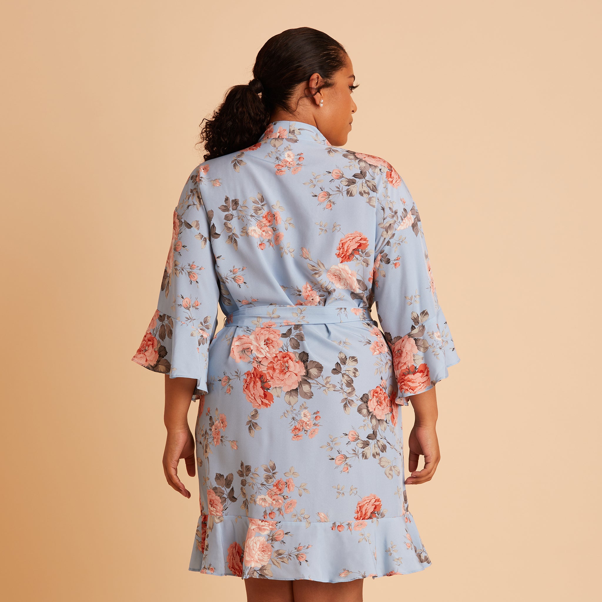 Kenny Ruffle Robe in Dusty Blue Floral by Birdy Grey, back view