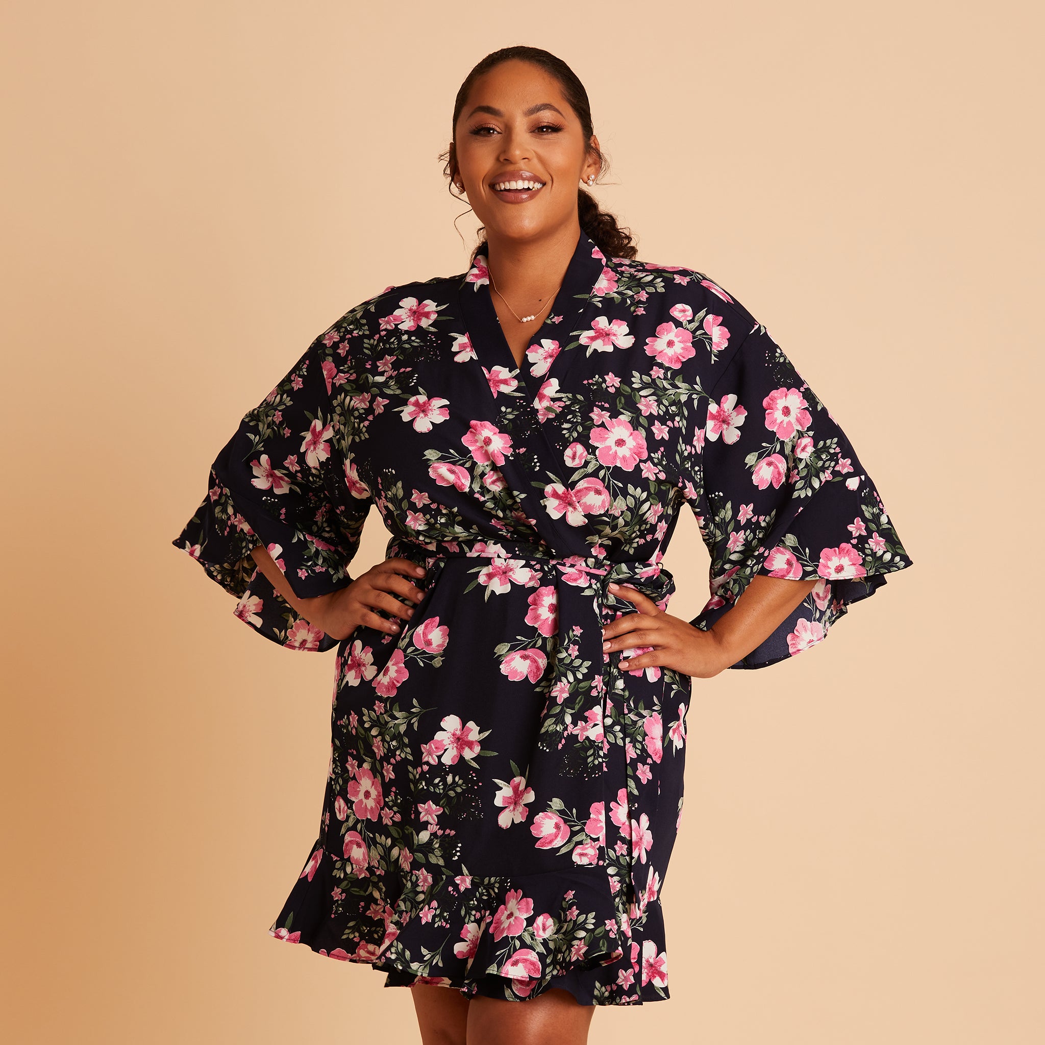 Kenny Ruffle Robe in Midnight Pink Floral by Birdy Grey, front view