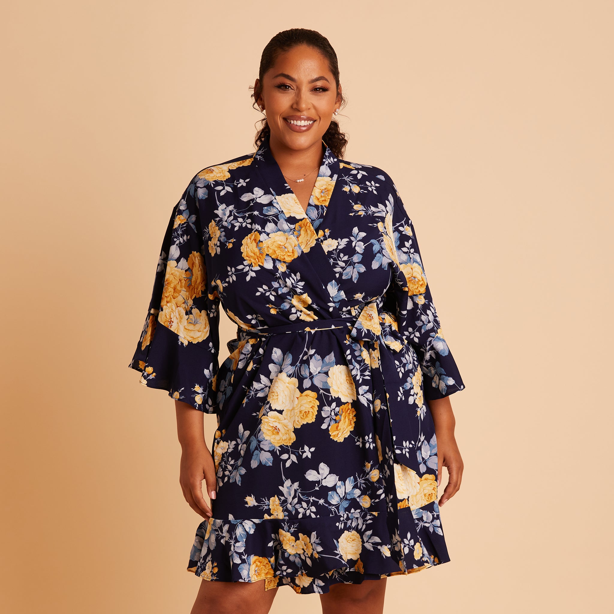 Kenny Ruffle Robe in Navy Marigold by Birdy Grey, front view