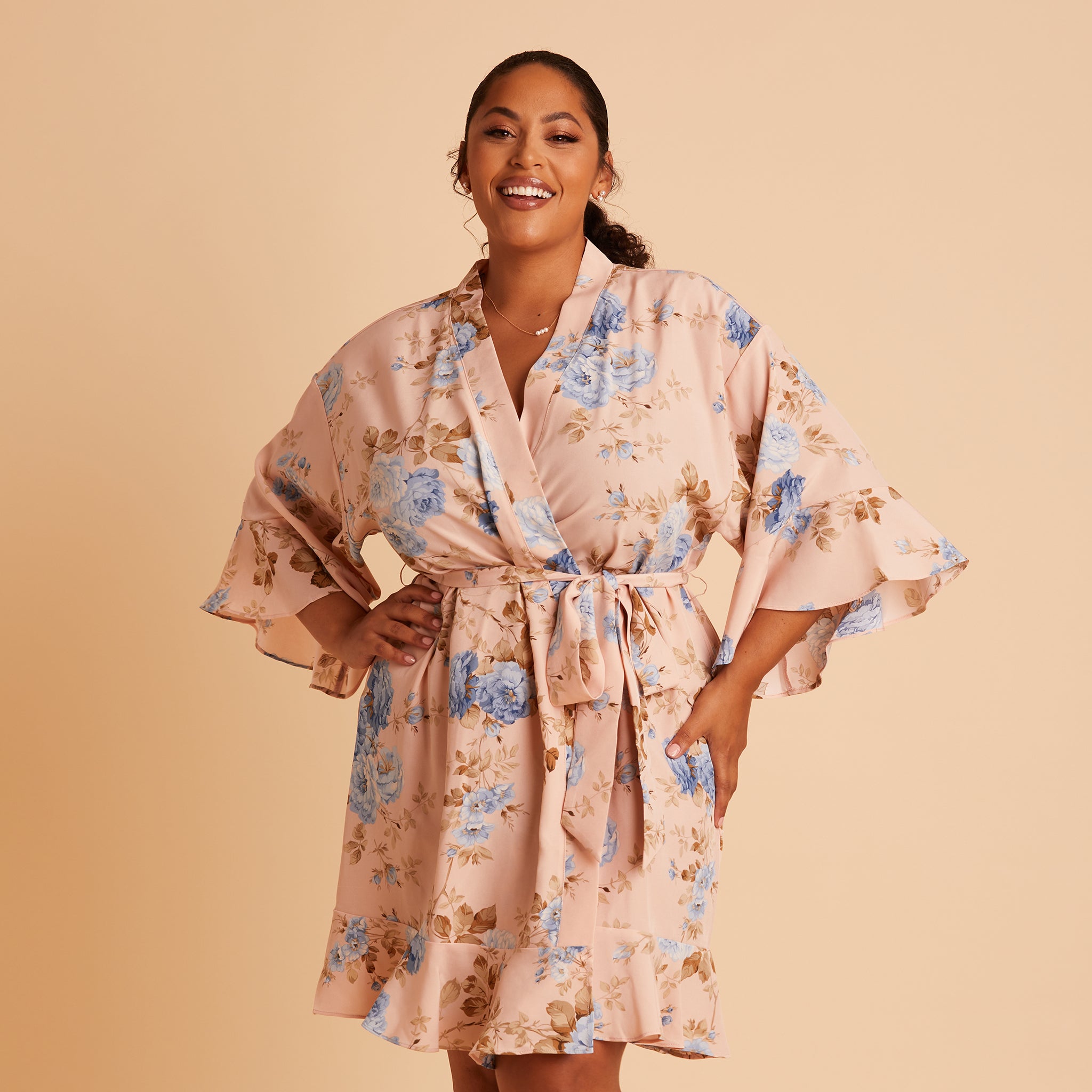 Kenny Ruffle Robe in Peach Floral by Birdy Grey, front view