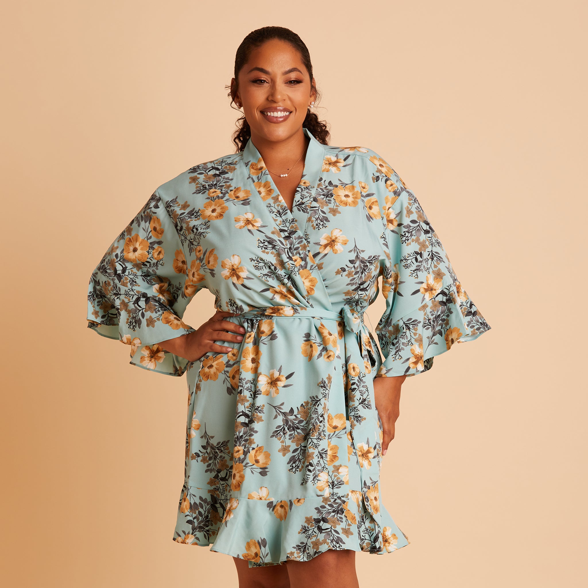 Kenny Ruffle Robe in Teal Floral by Birdy Grey, front view