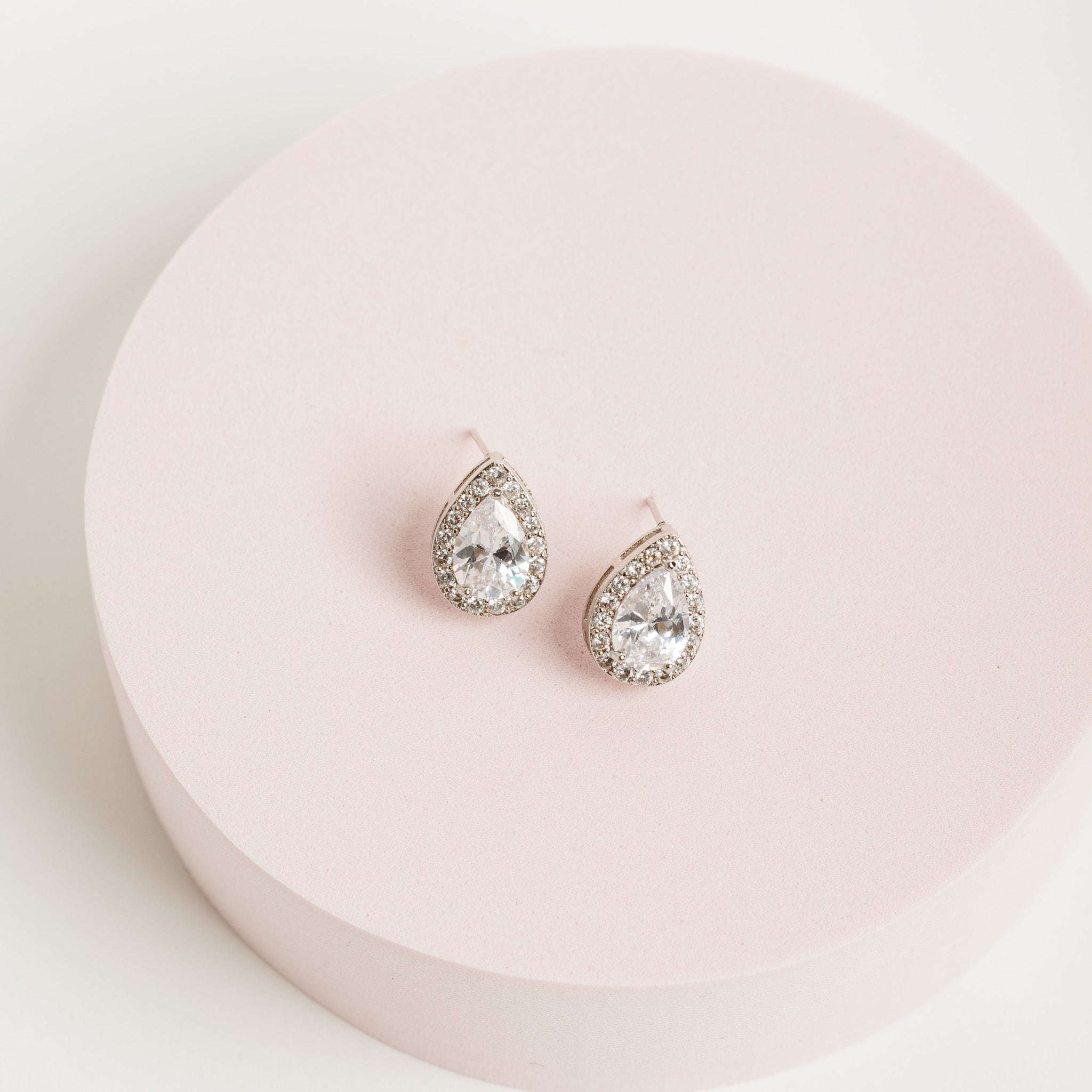 Front close up view of the San Fran Teardrop Studs showing earring shape and crystal placement surrounding the large Cubic Zirconia.