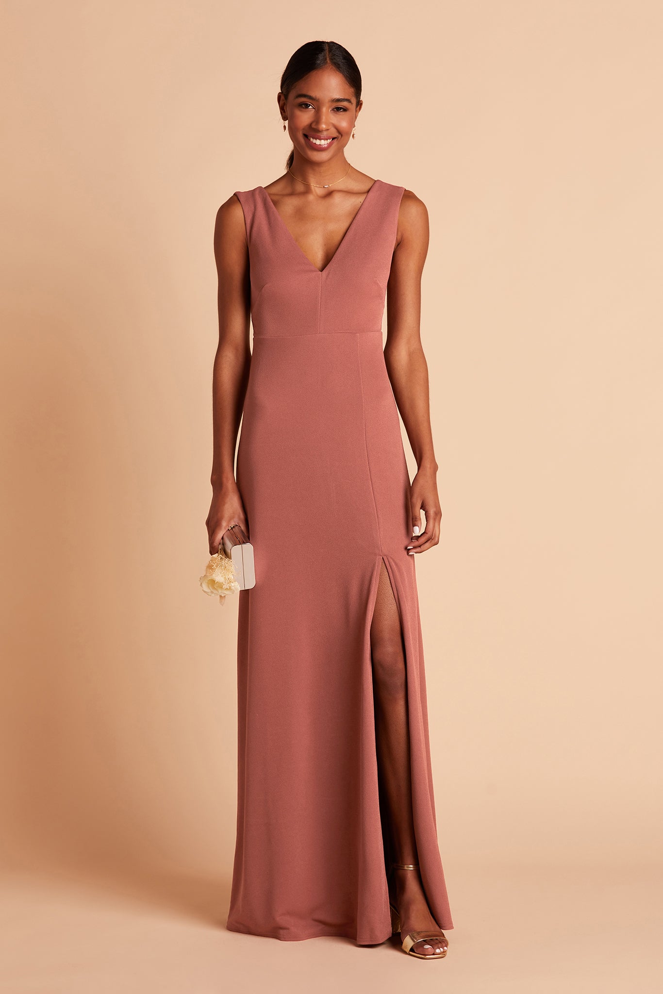 Shamin bridesmaid dress with slit in desert rose crepe by Birdy Grey, front view