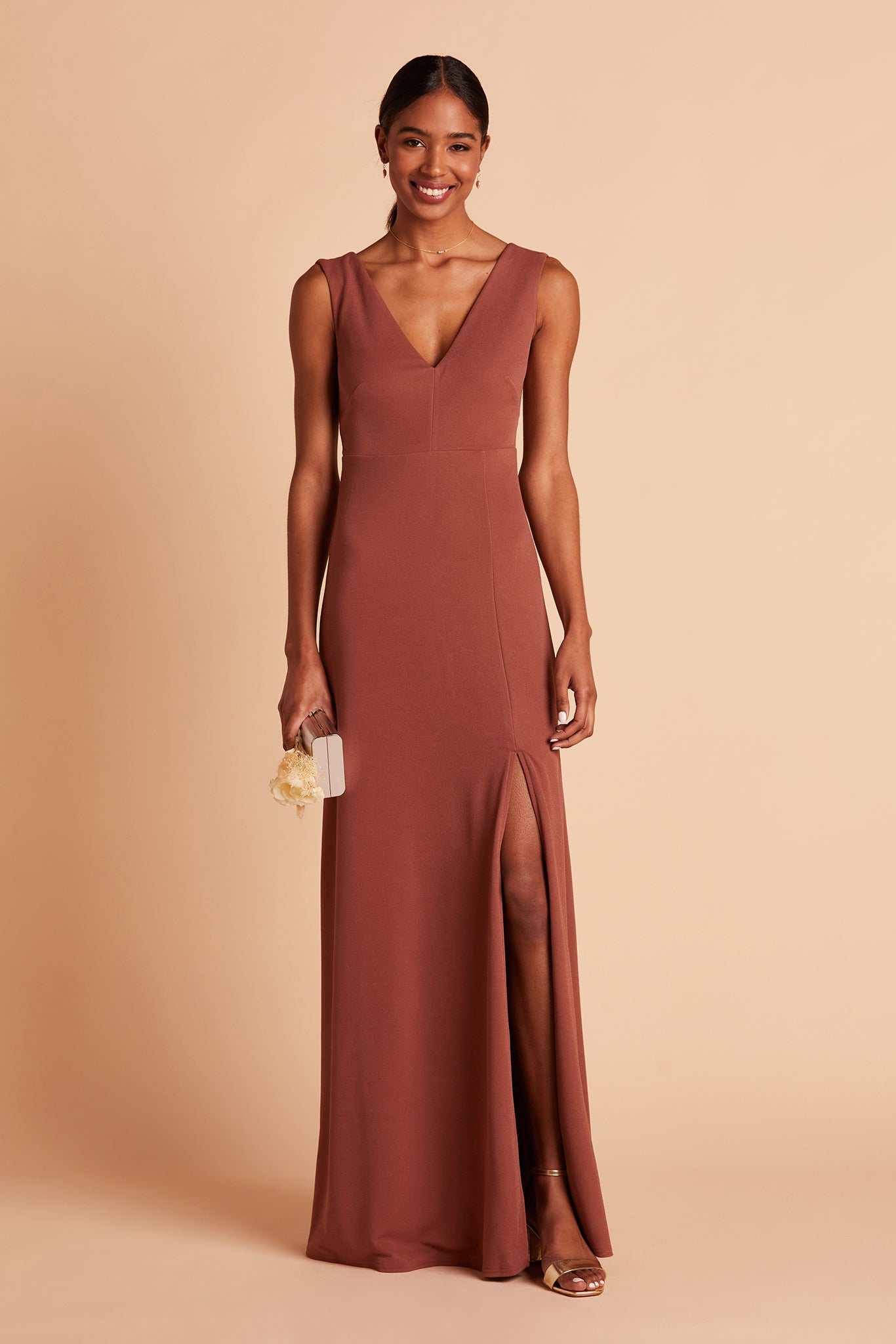 Shamin bridesmaid dress with slit in desert rose crepe by Birdy Grey, front view