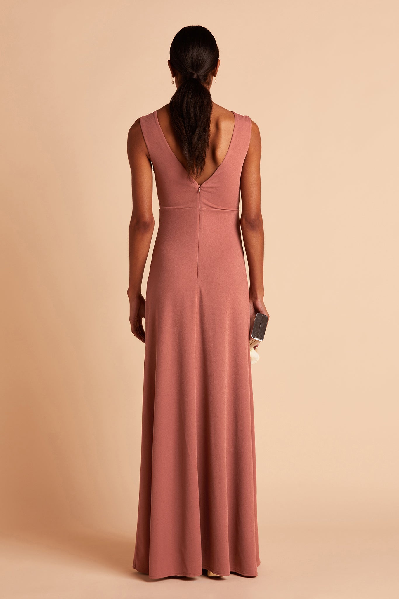 Shamin bridesmaid dress with slit in desert rose crepe by Birdy Grey, back view