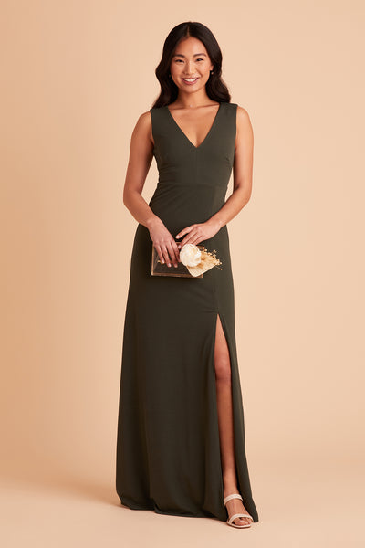 Shamin bridesmaid dress with slit in olive crepe by Birdy Grey, front view