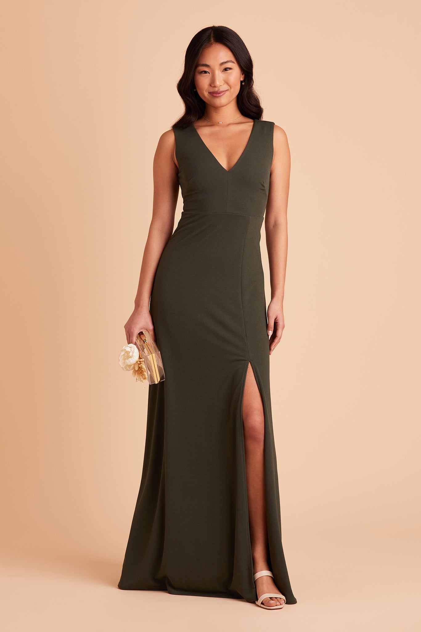 Shamin bridesmaid dress with slit in olive crepe by Birdy Grey, front view