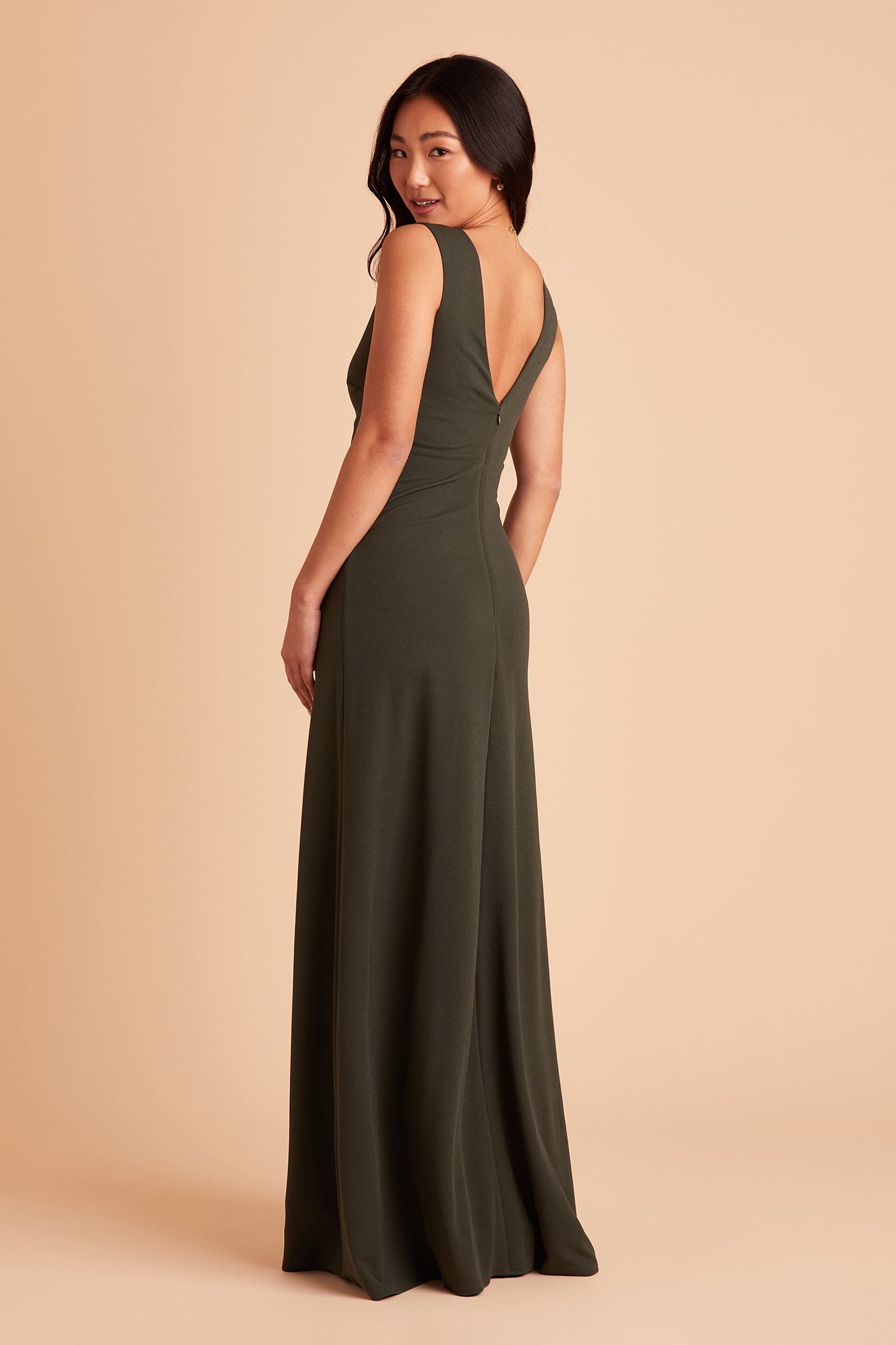 Shamin bridesmaid dress with slit in olive crepe by Birdy Grey, side view