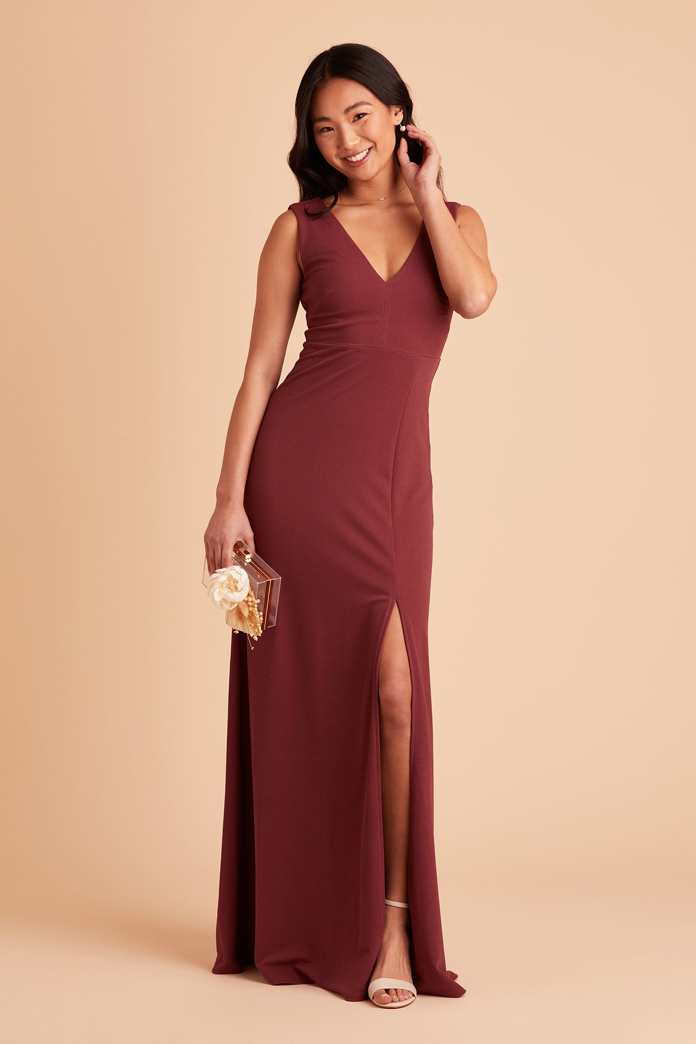 Shamin bridesmaid dress with slit in rosewood crepe by Birdy Grey, front view