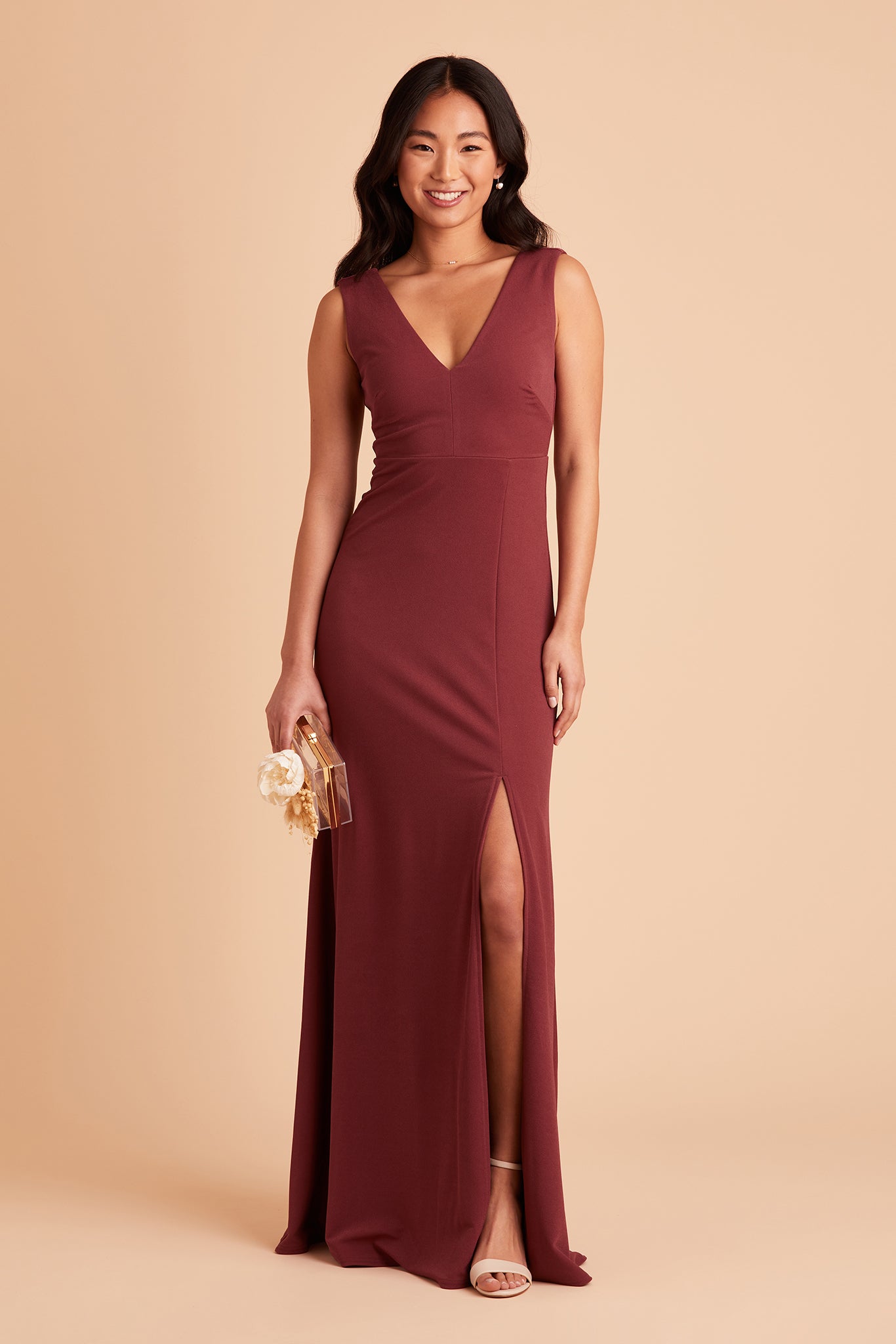 Shamin bridesmaid dress with slit in rosewood crepe by Birdy Grey, front view