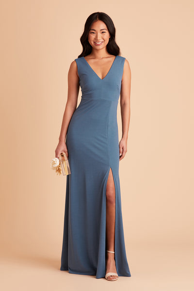 Shamin bridesmaid dress with slit in twilight crepe by Birdy Grey, front view