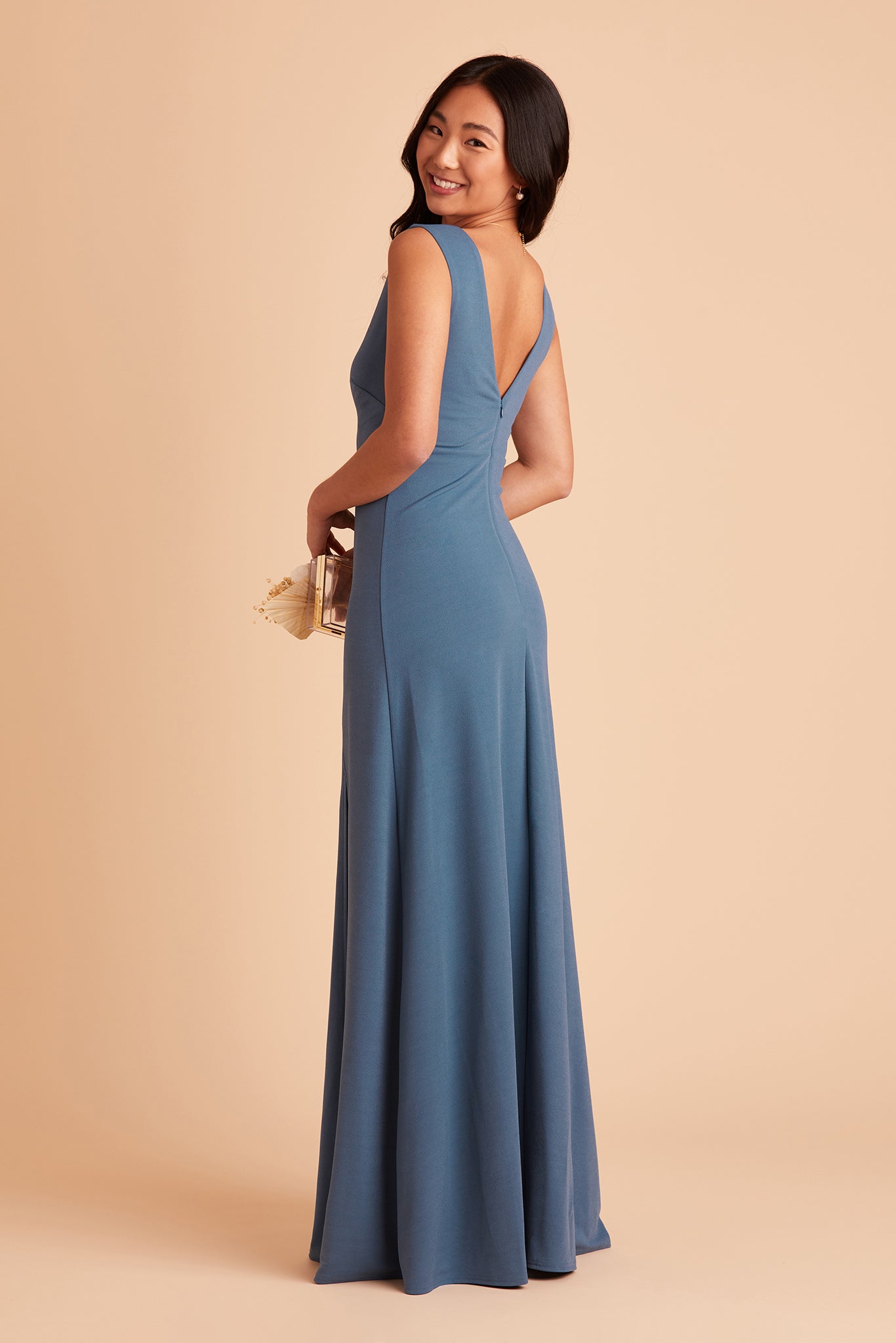 Shamin bridesmaid dress with slit in twilight crepe by Birdy Grey, side view
