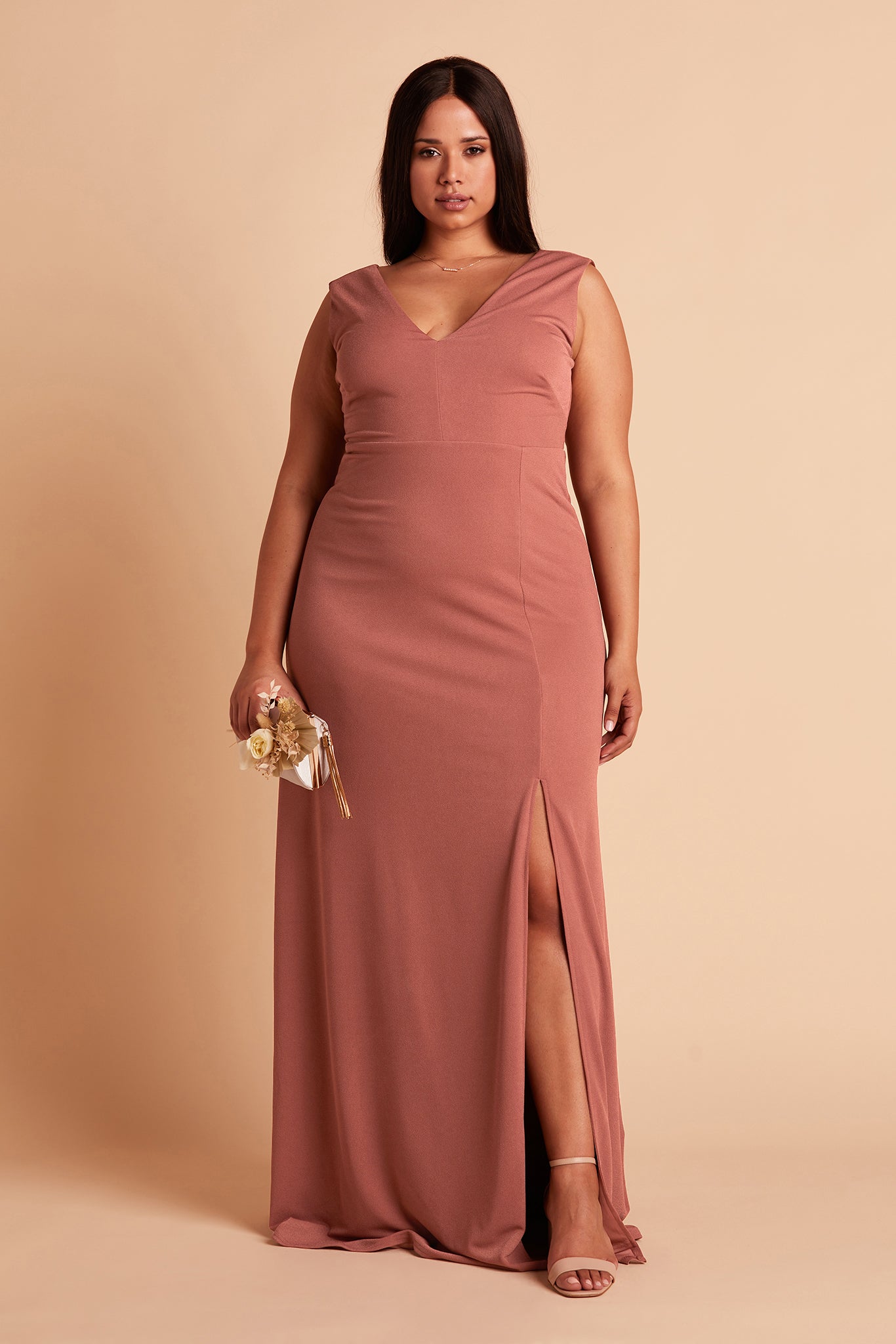 Shamin plus size bridesmaid dress with slit in desert rose crepe by Birdy Grey, front view