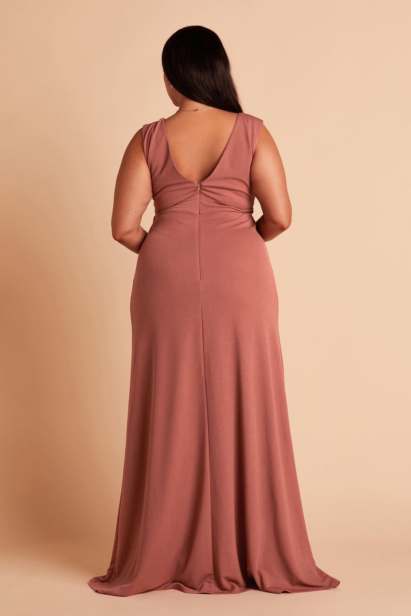 Shamin plus size bridesmaid dress with slit in desert rose crepe by Birdy Grey, back view