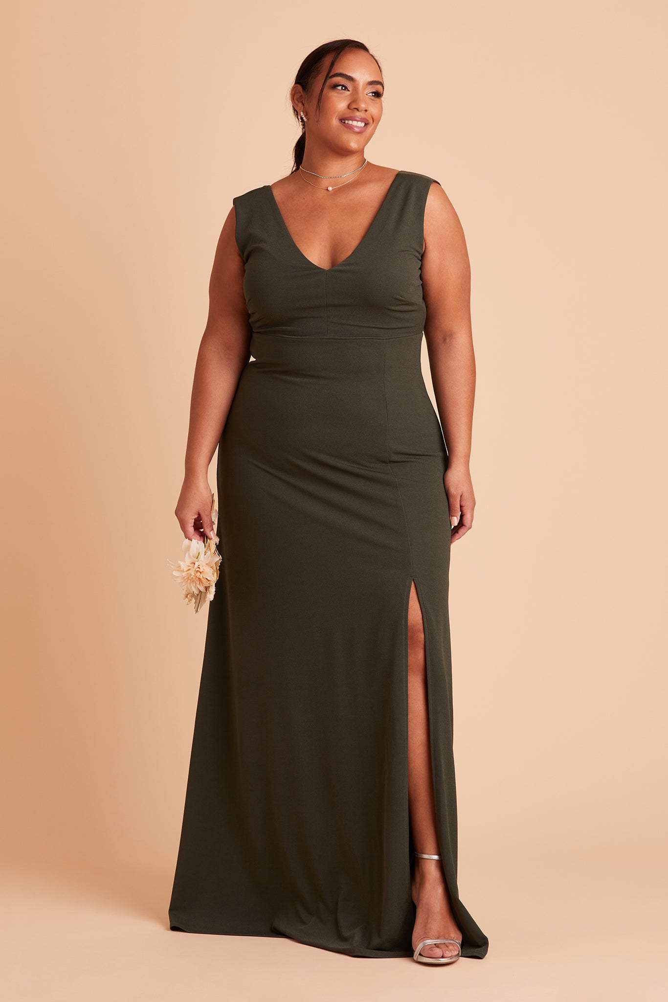 Shamin plus size bridesmaid dress with slit in olive crepe by Birdy Grey, front view