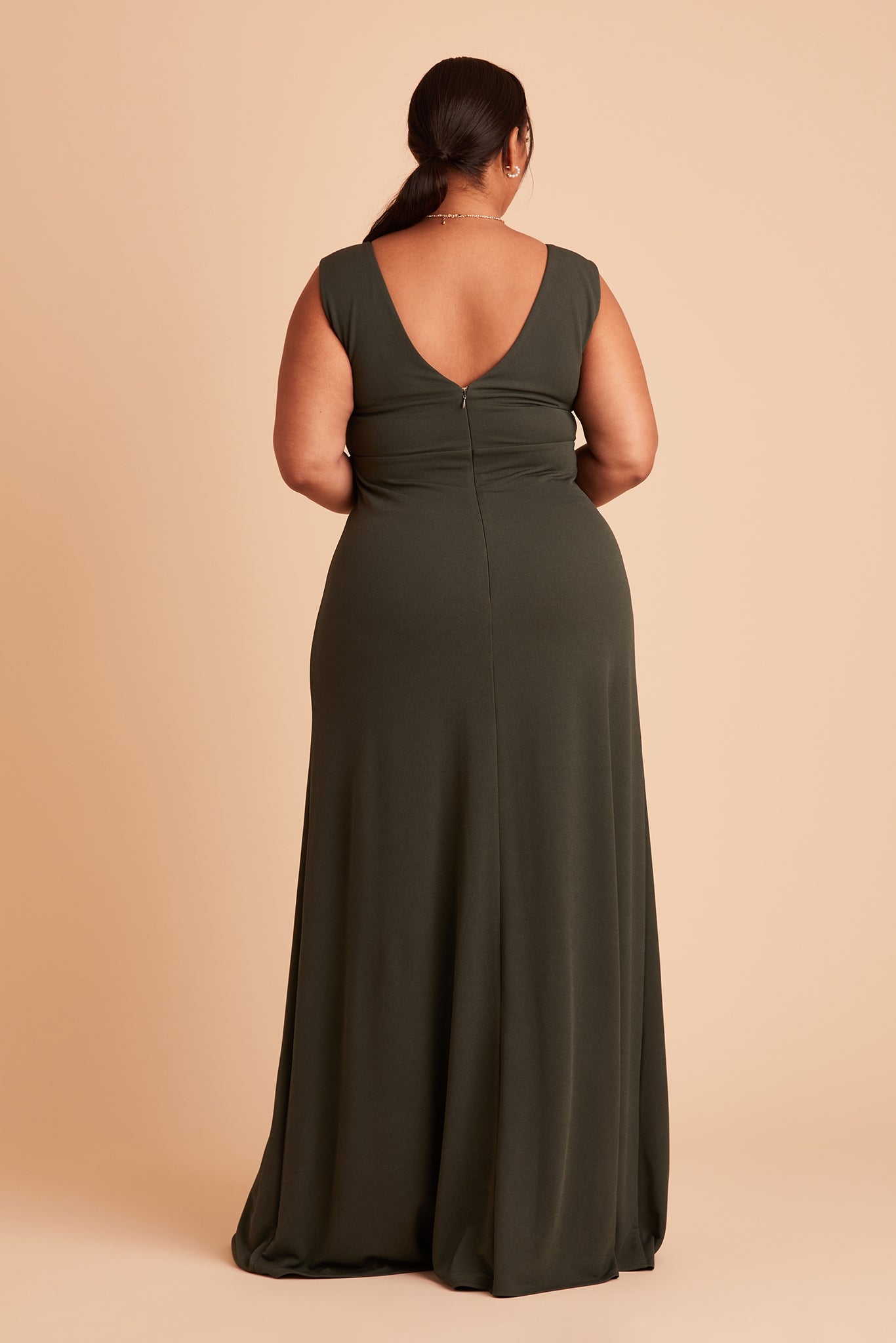 Shamin plus size bridesmaid dress with slit in olive crepe by Birdy Grey, back view