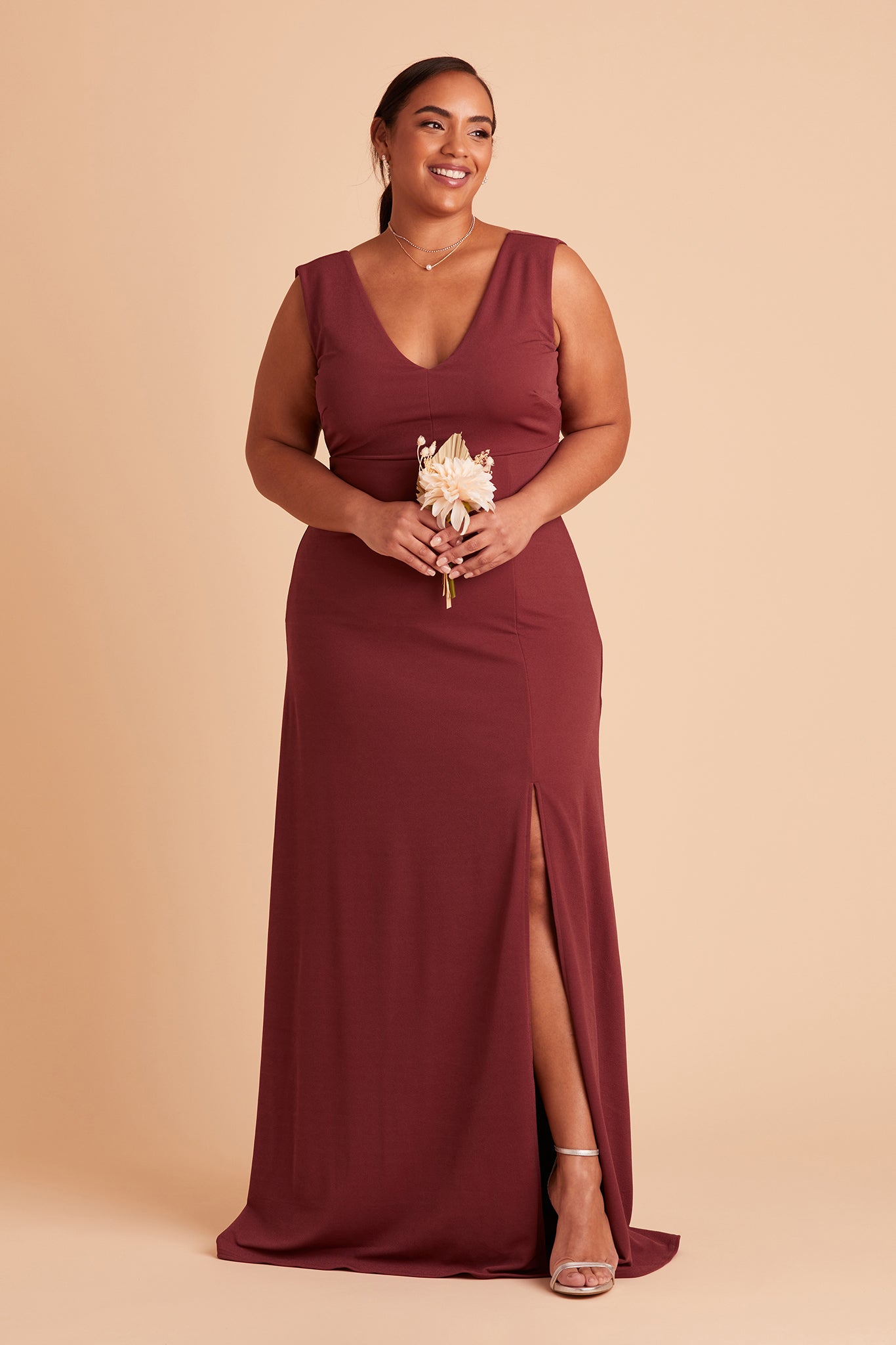 Shamin plus size bridesmaid dress with slit in rosewood crepe by Birdy Grey, front view