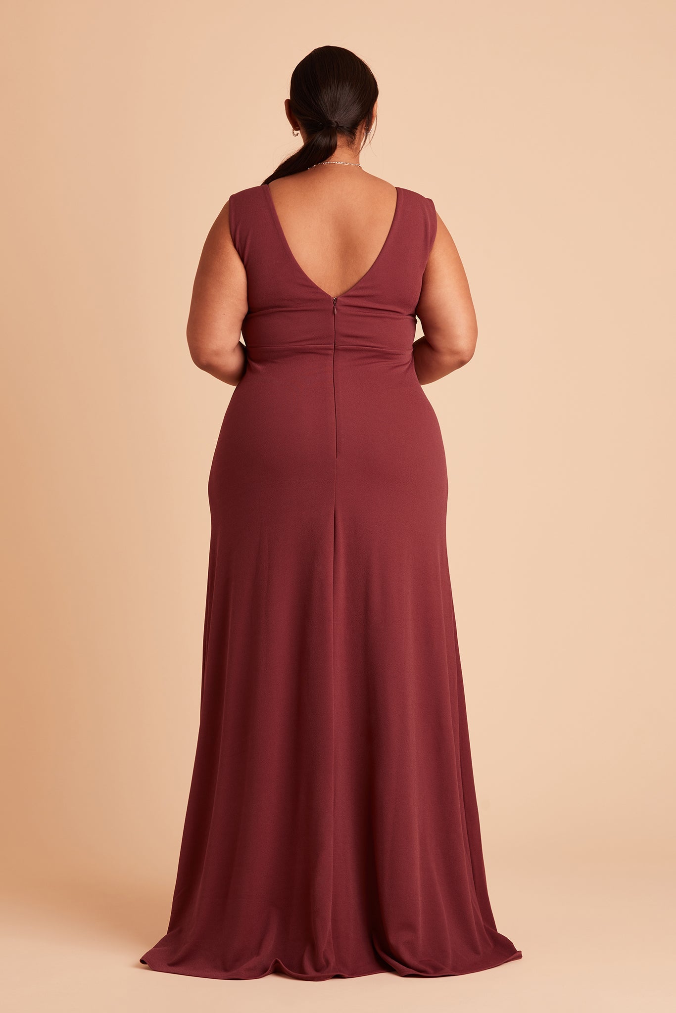 Shamin plus size bridesmaid dress with slit in rosewood crepe by Birdy Grey, back view