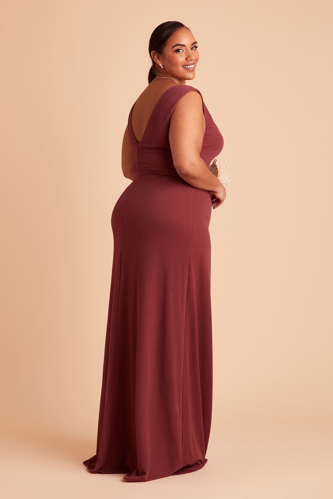 Shamin plus size bridesmaid dress with slit in rosewood crepe by Birdy Grey, side view