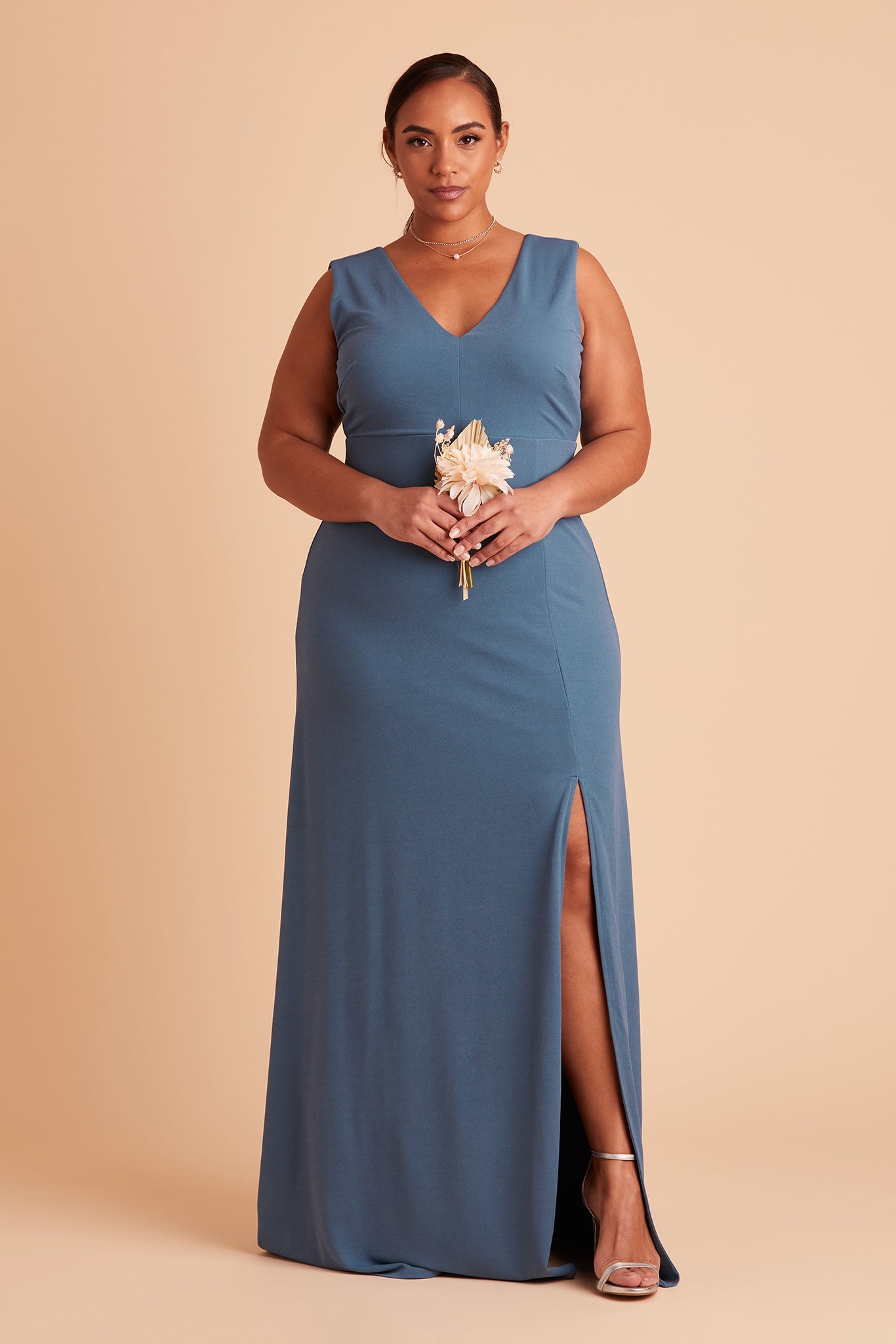 Shamin plus size bridesmaid dress with slit in twilight crepe by Birdy Grey, front view