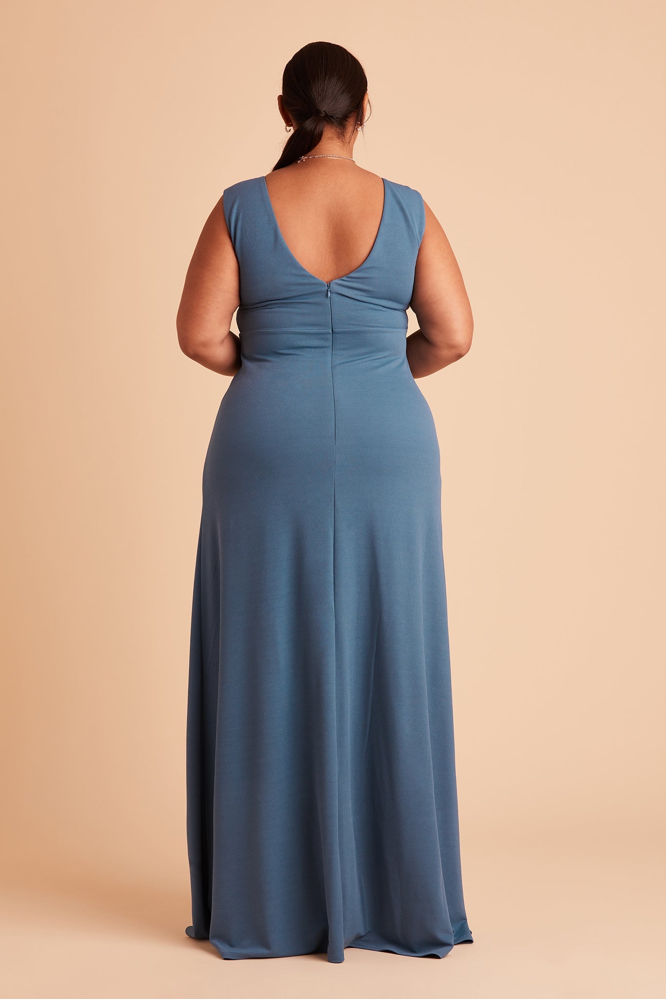 Shamin plus size bridesmaid dress with slit in twilight crepe by Birdy Grey, back view