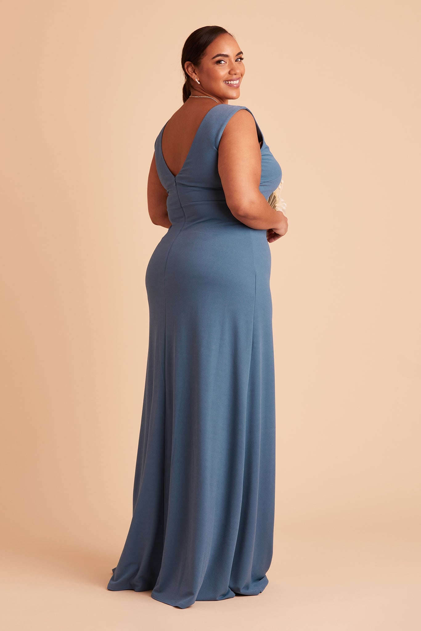 Shamin plus size bridesmaid dress with slit in twilight crepe by Birdy Grey, side view
