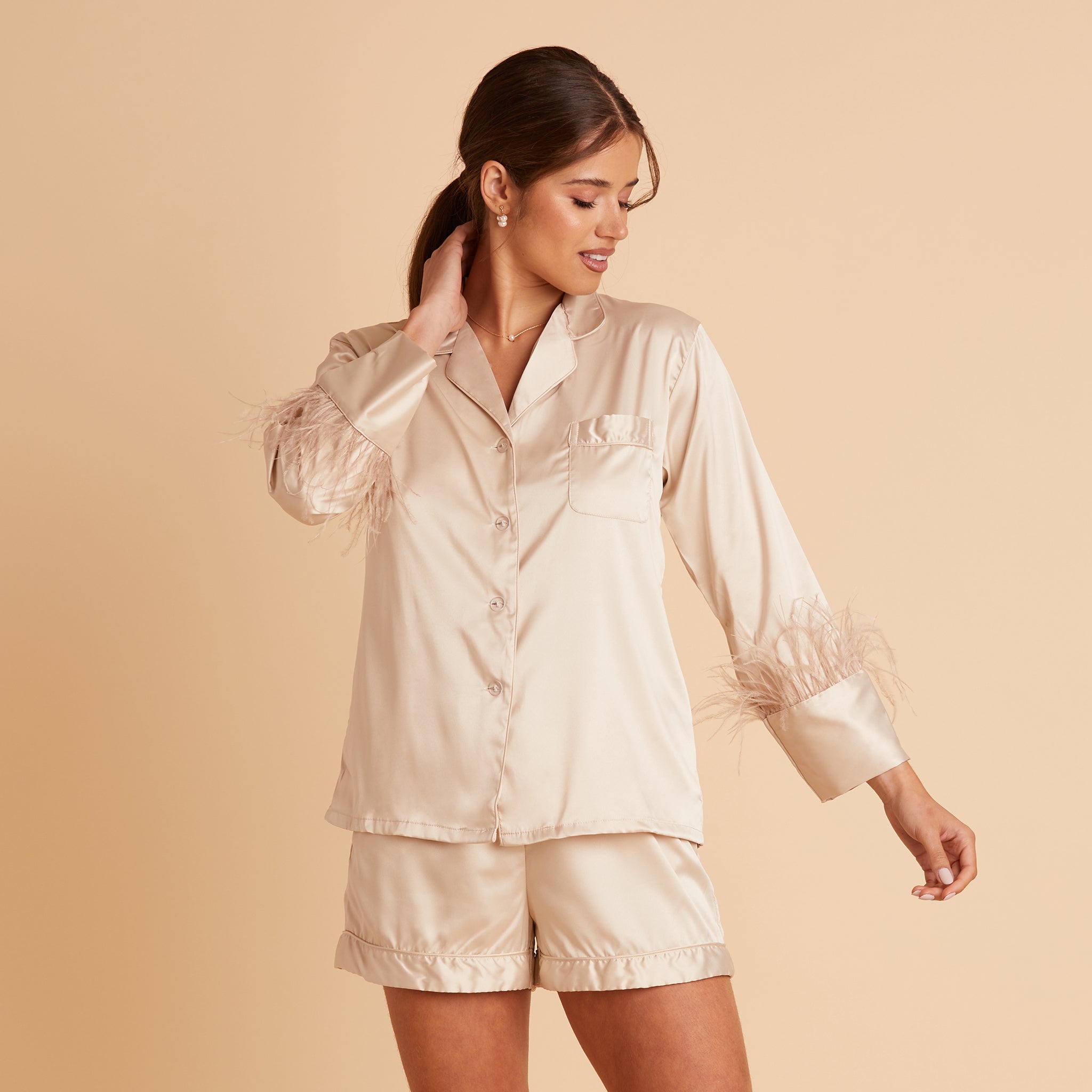 Short Satin Feathered Pajama Set in champagne by Birdy Grey, front view
