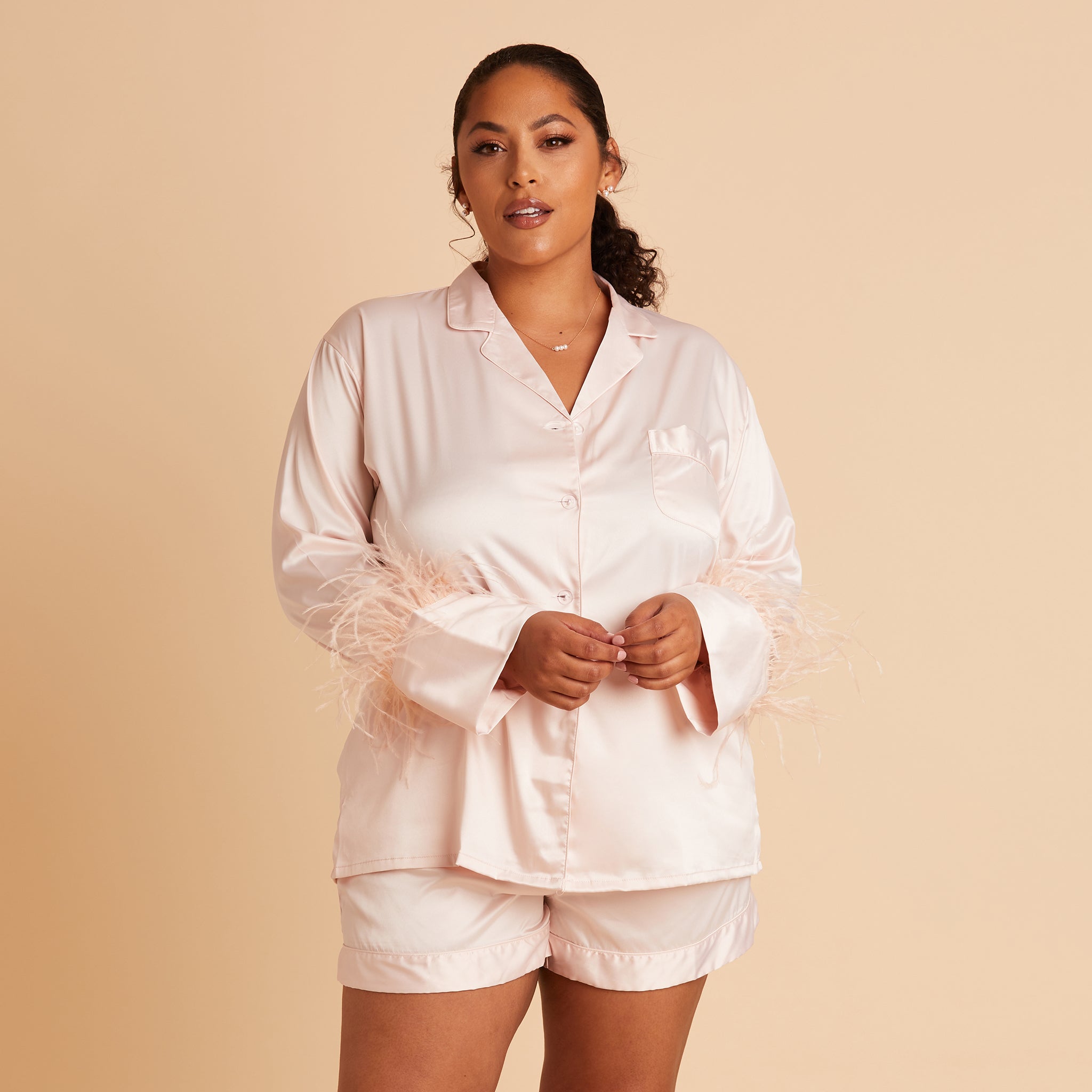 Short Satin Feathered Pajama Set in blush by Birdy Grey, front view